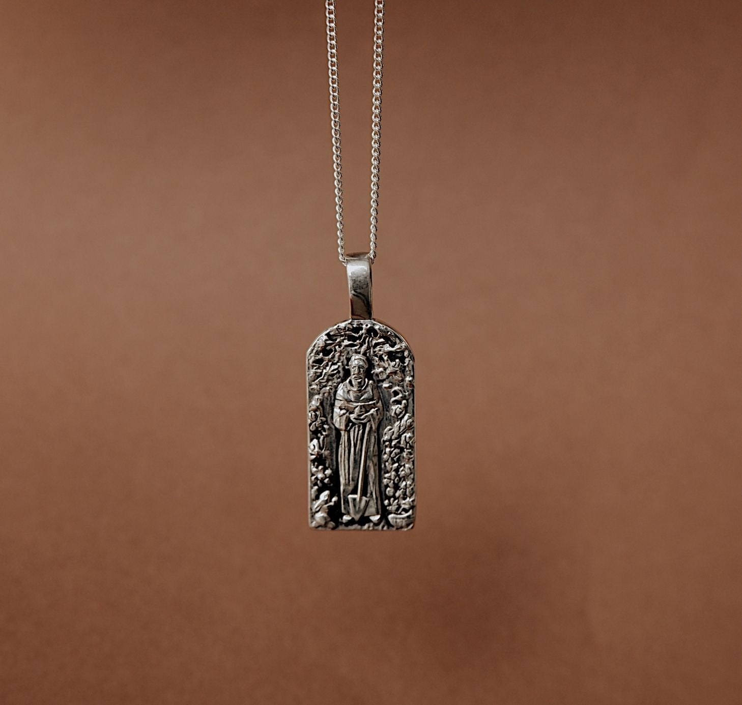 St Fiacre - Patron Saint of Gardening Necklace - Silver
