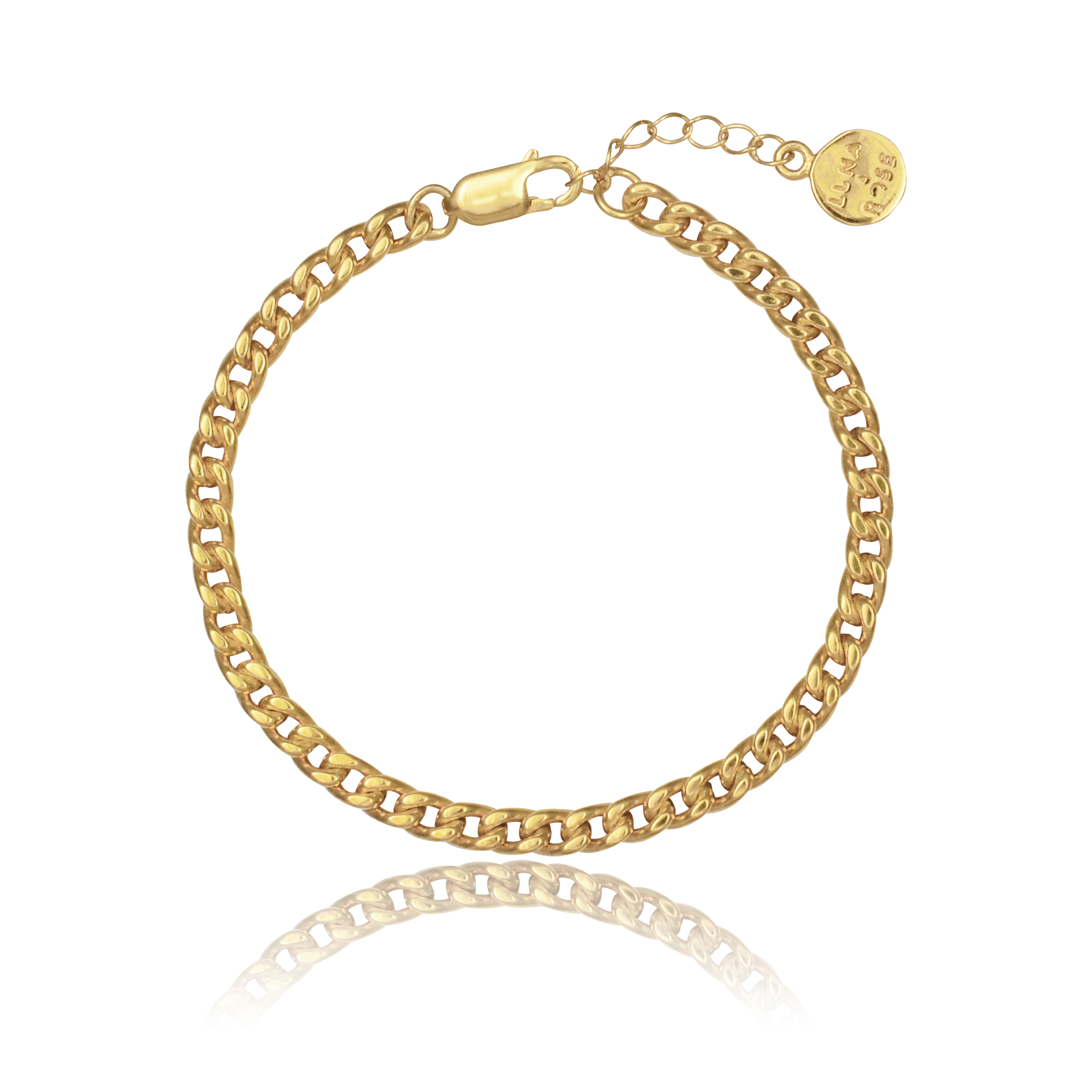 A single gold chain bracelet with flat, interlocking links and an extension chain ending in a round charm.