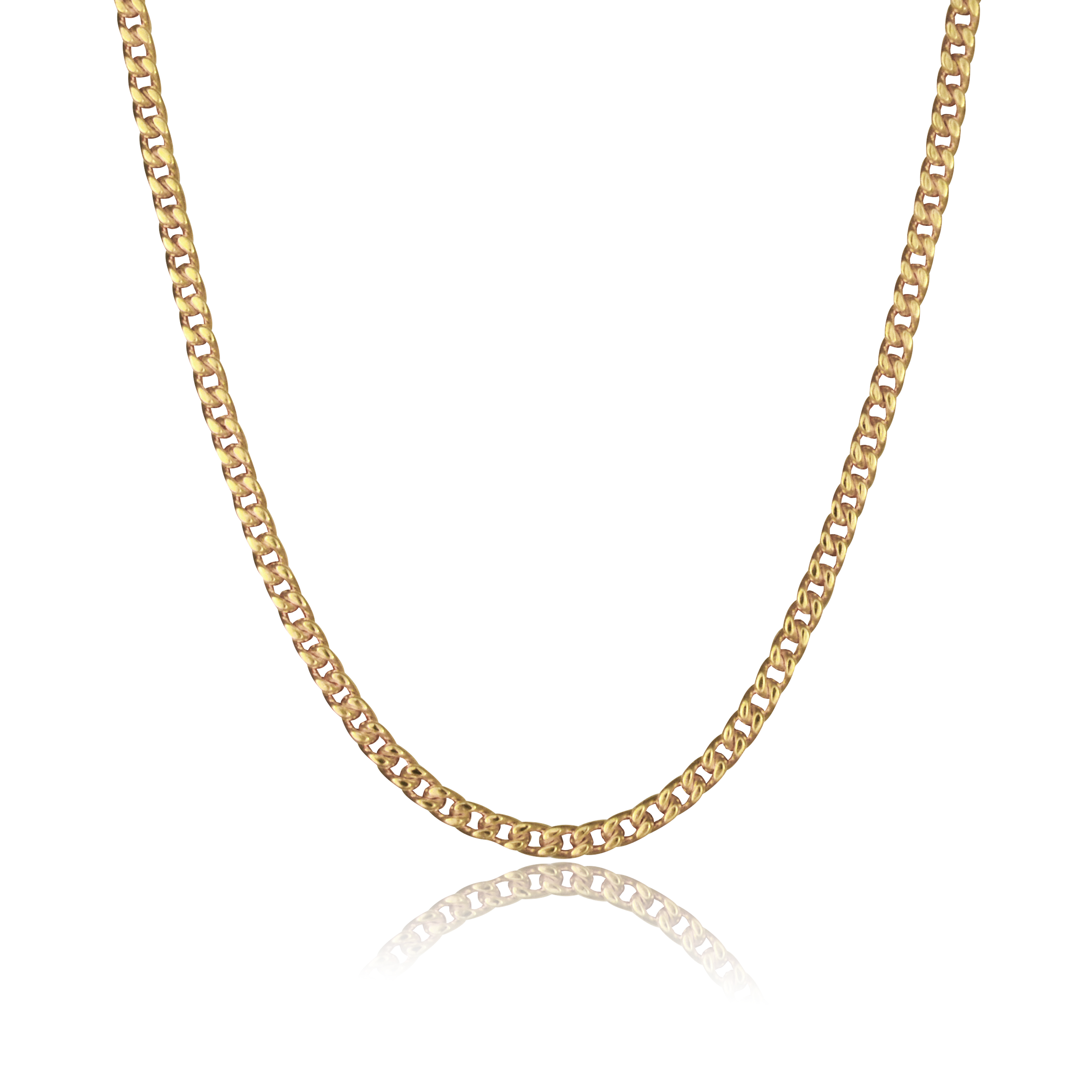 Close-up of a single gold chain necklace with flat and interlocking links