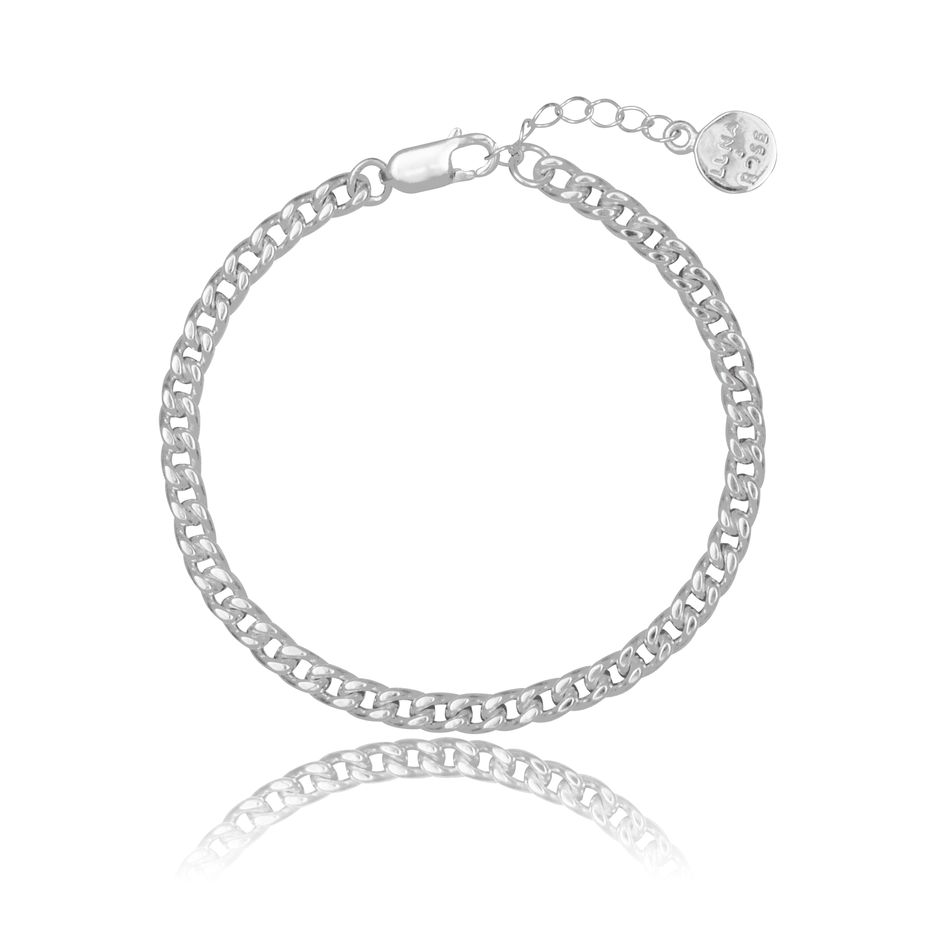 A single silver chain bracelet with flat, interlocking links and an extension chain ending in a round charm.