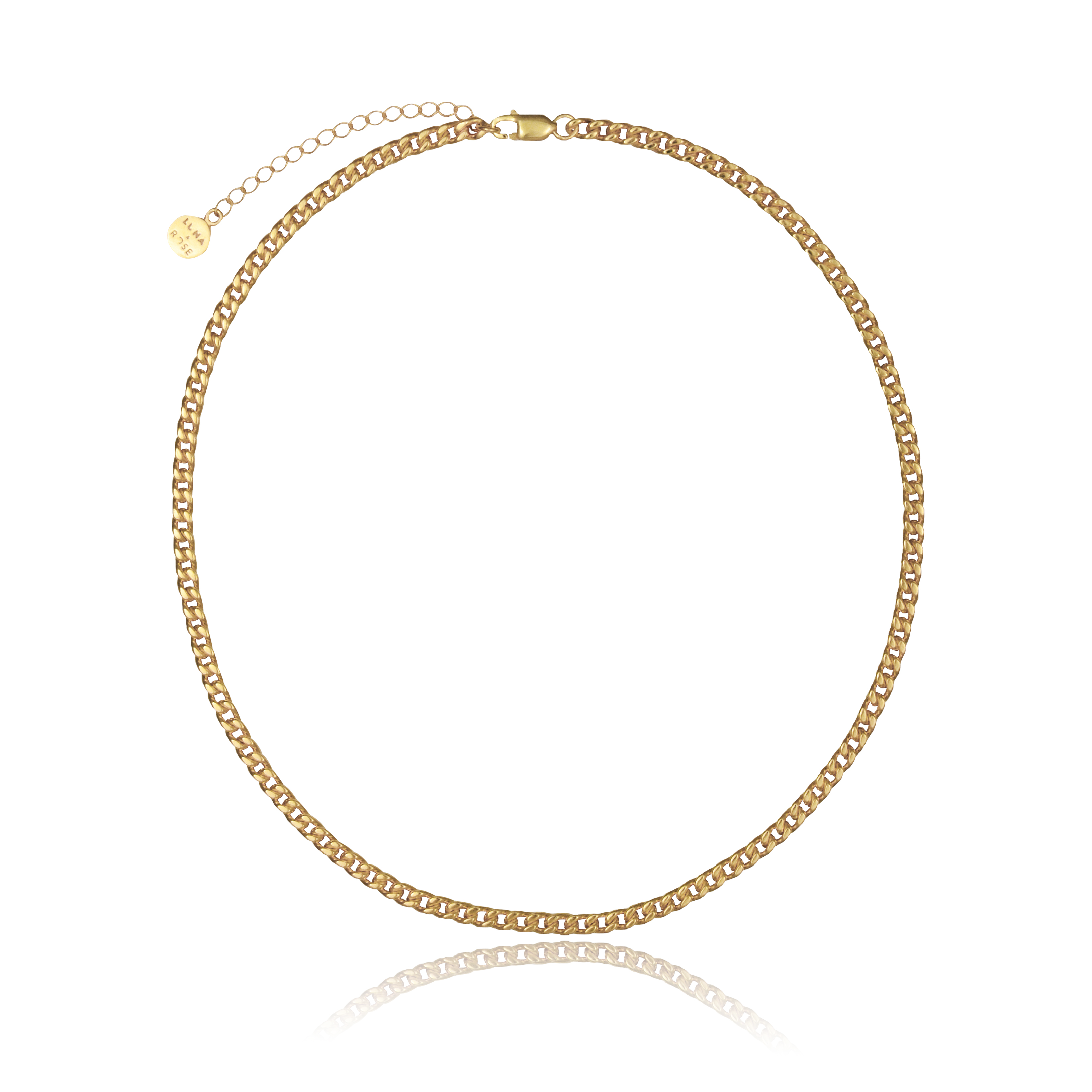 A single gold chain necklace with flat, interlocking links and an extension chain ending in a round charm.