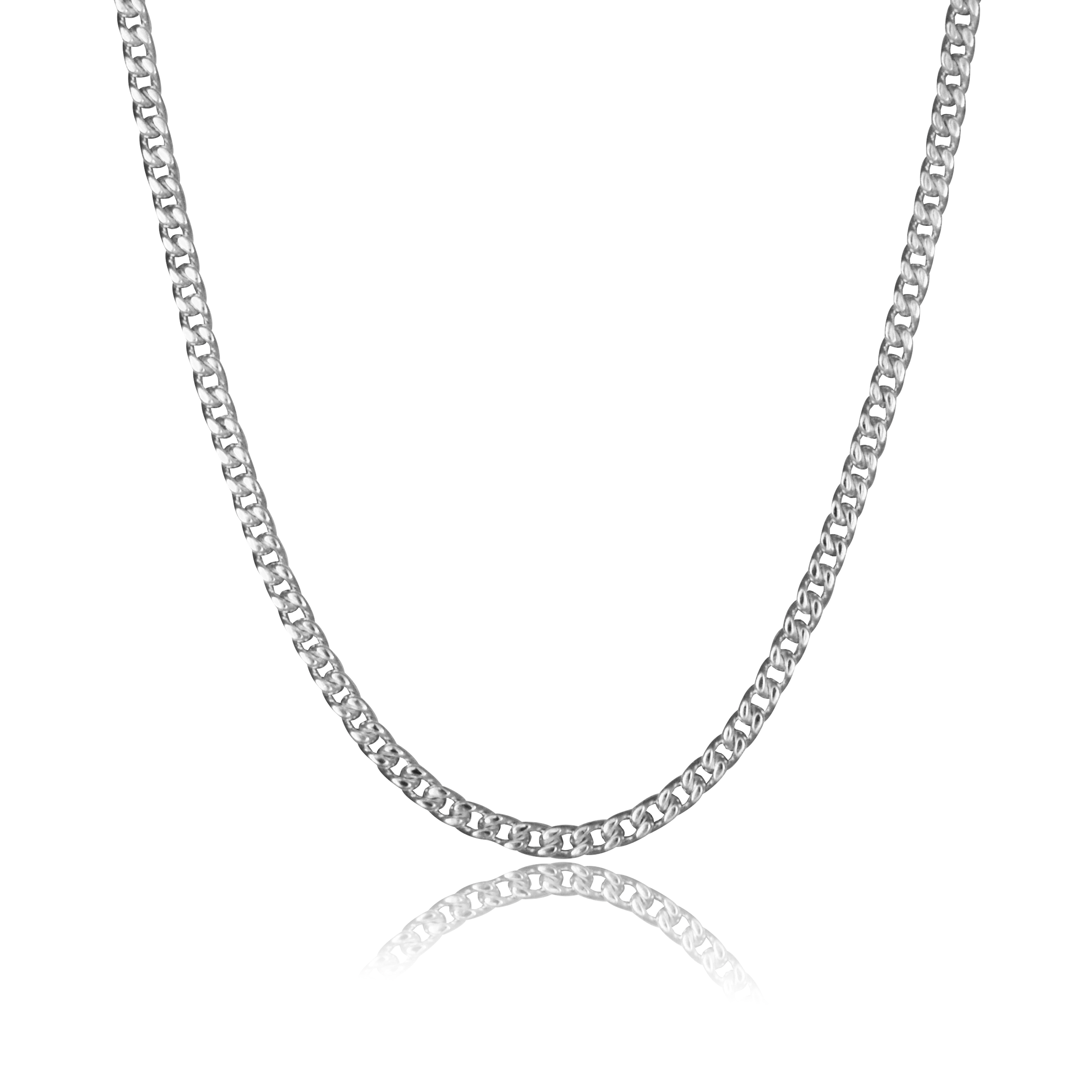 Close-up of a single silver chain necklace with flat and interlocking links