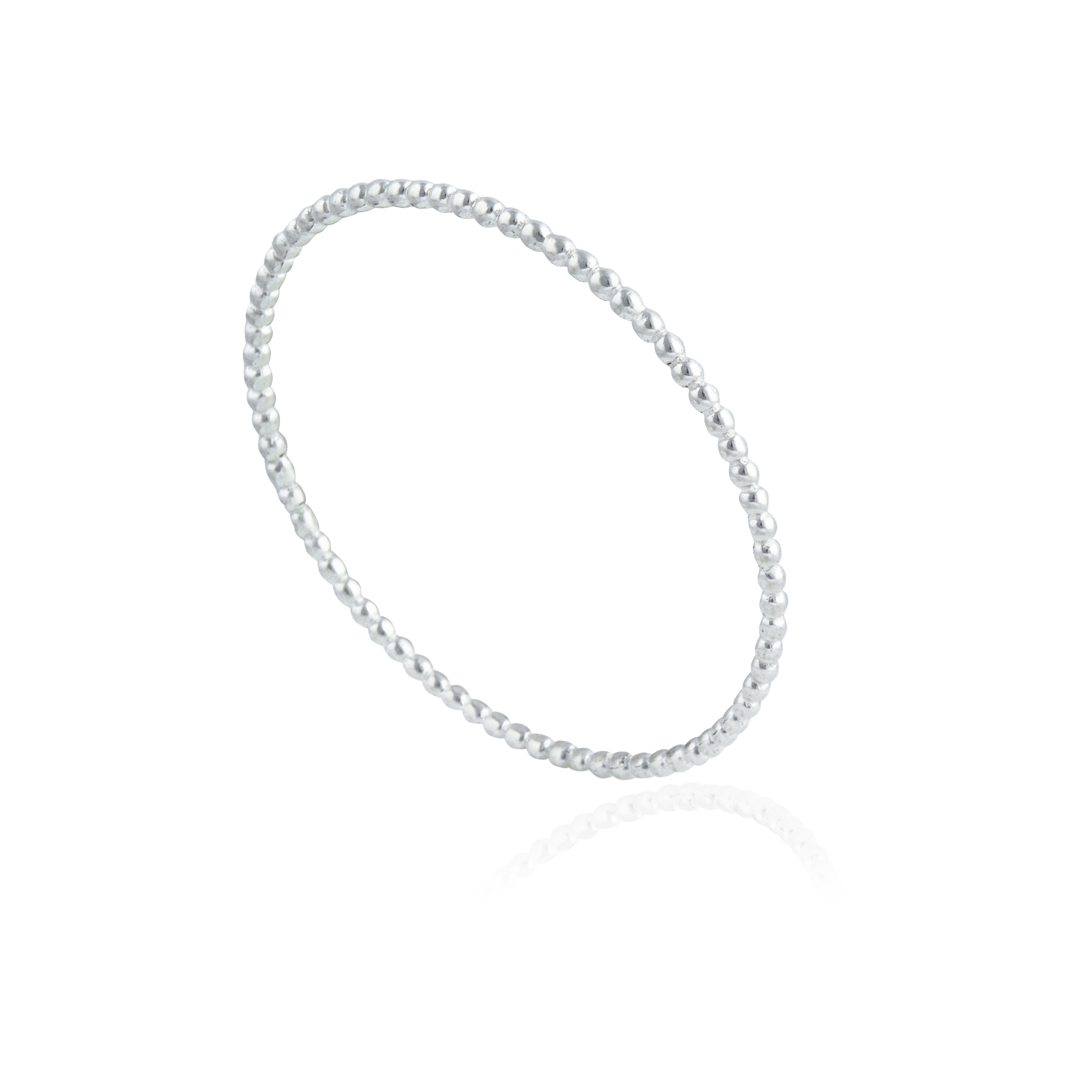 A thin silver beaded bracelet angled slightly, shown against a white background.