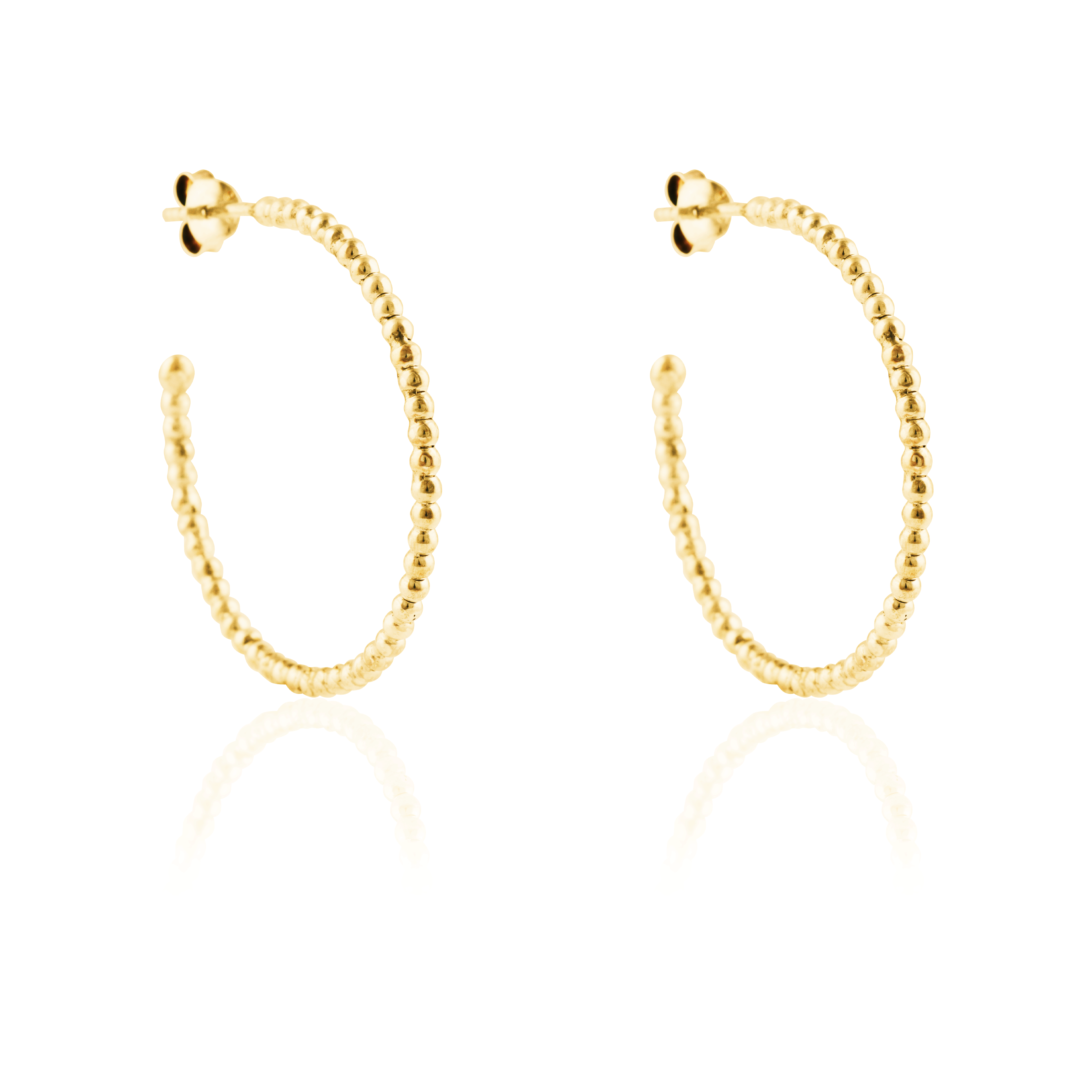 Thin gold beaded earrings angled slightly, shown against a white background.
