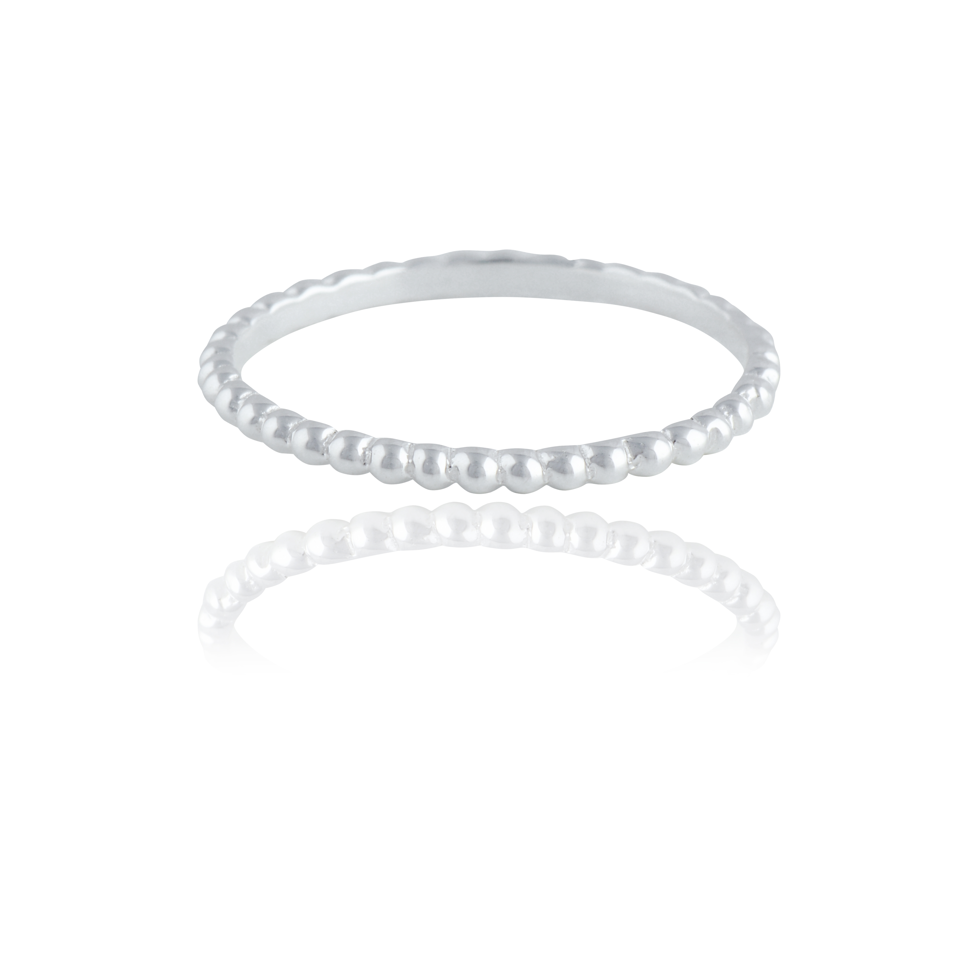 Thin silver beaded ring from front, shown against a white background.