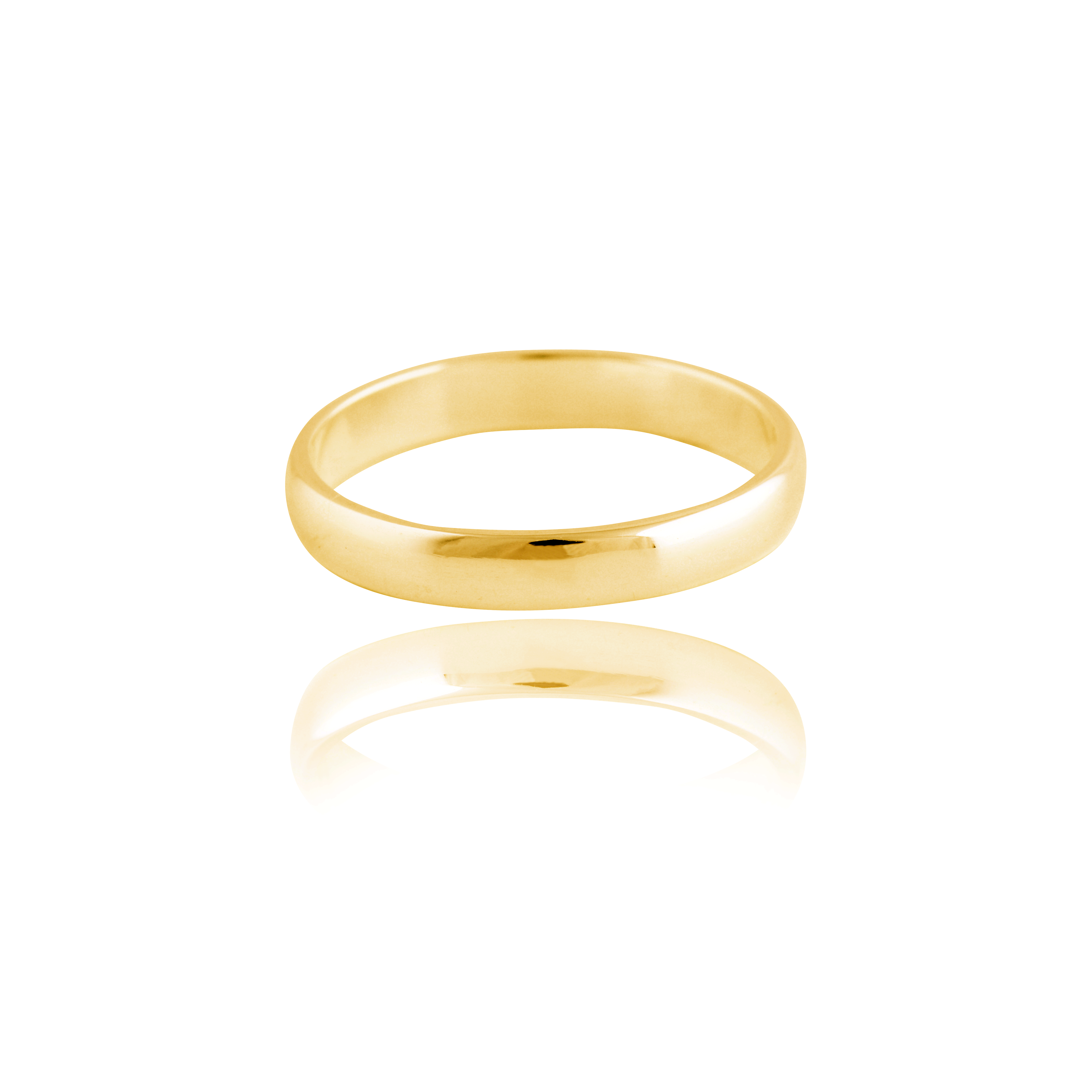 A polished gold ring with a subtle reflective surface is displayed on a white background.