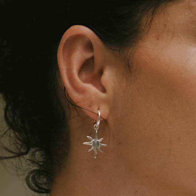 Close-up of an ear wearing a star-shaped earring with a blurred background