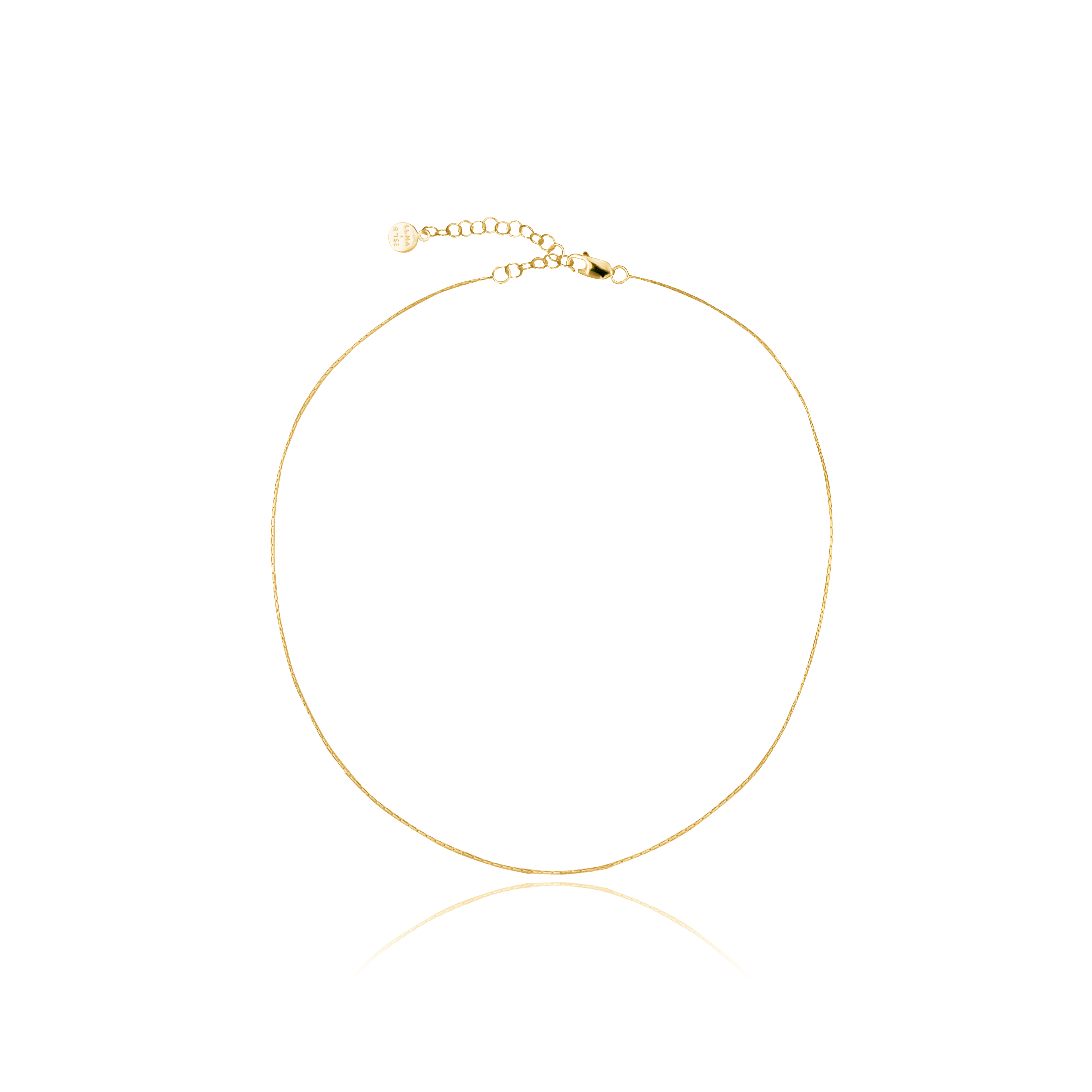 A delicate gold necklace with multiple adjustable loops, displayed on a white background.
