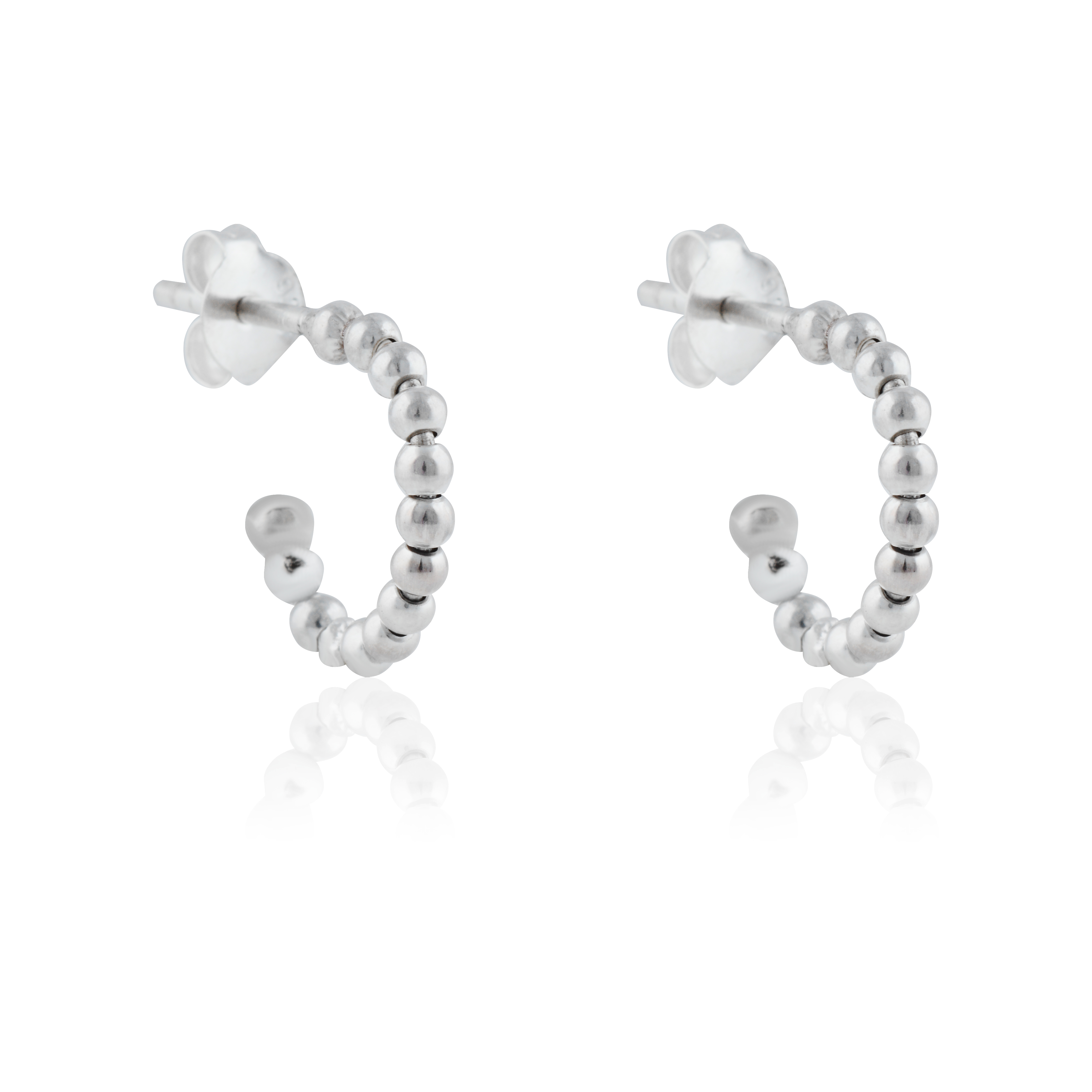 Thin silver beaded earrings angled slightly, shown against a white background.