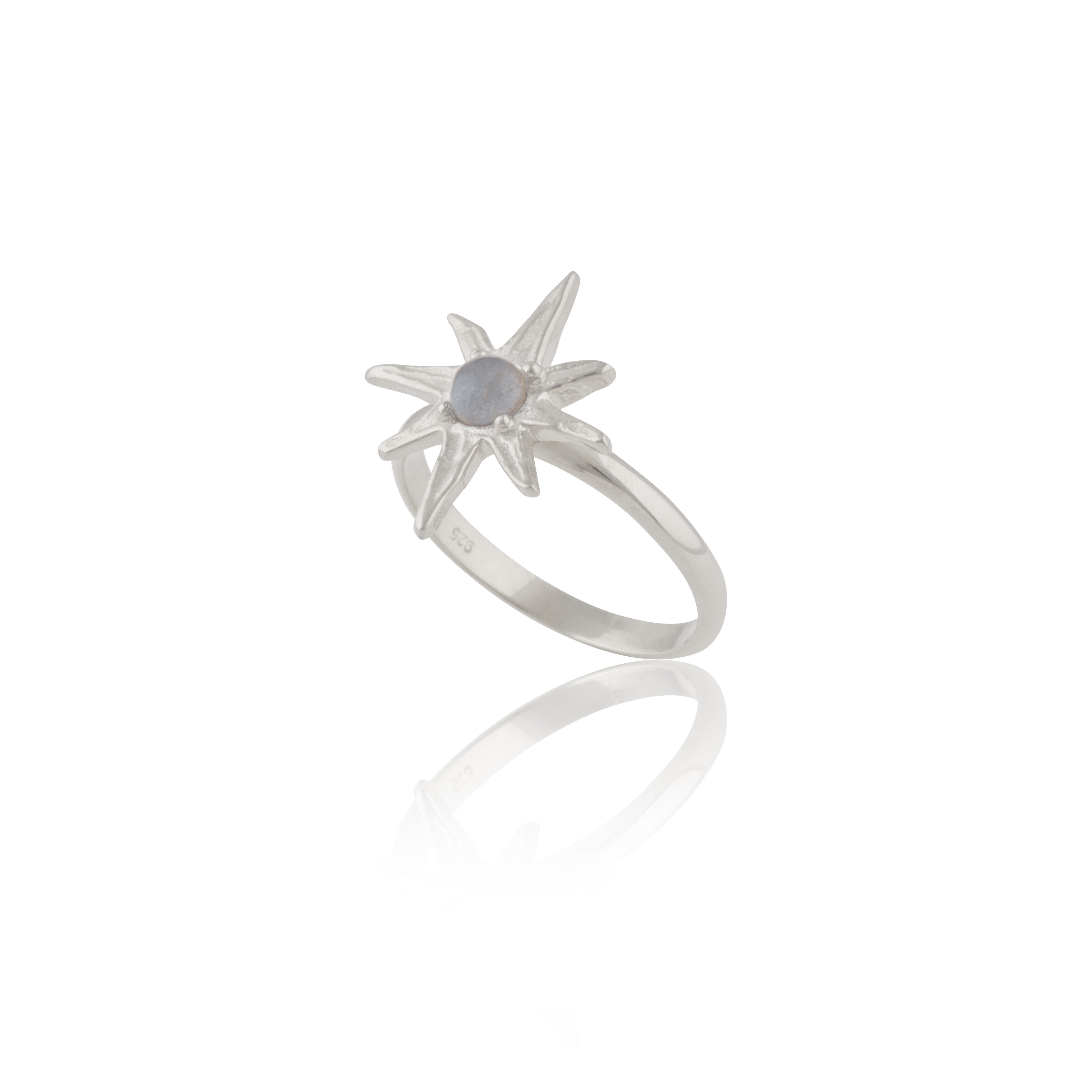 Silver Star ring with star design and central Labrodite gemstone on a white background