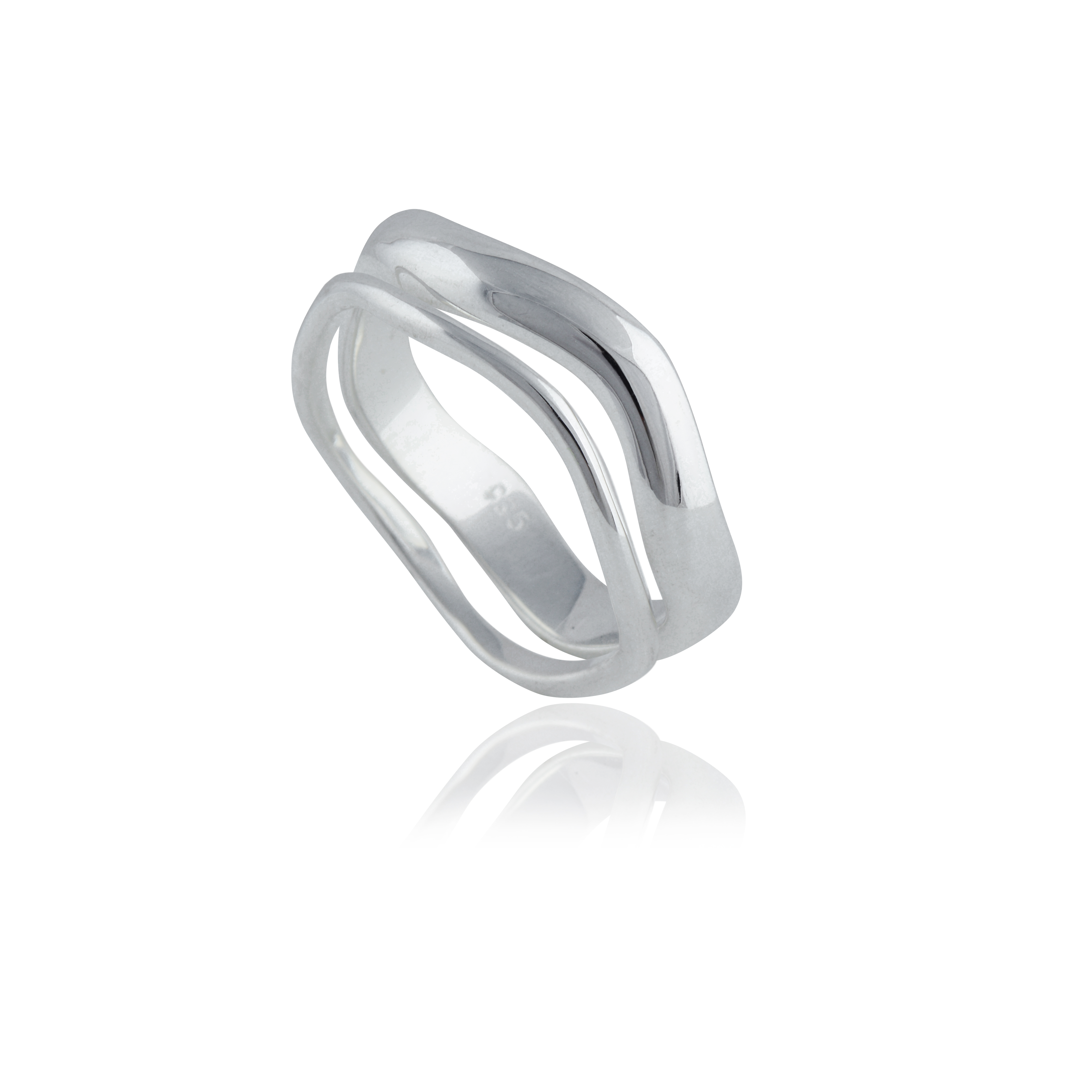 A silver ring with a fluid, intertwined design on a white background.