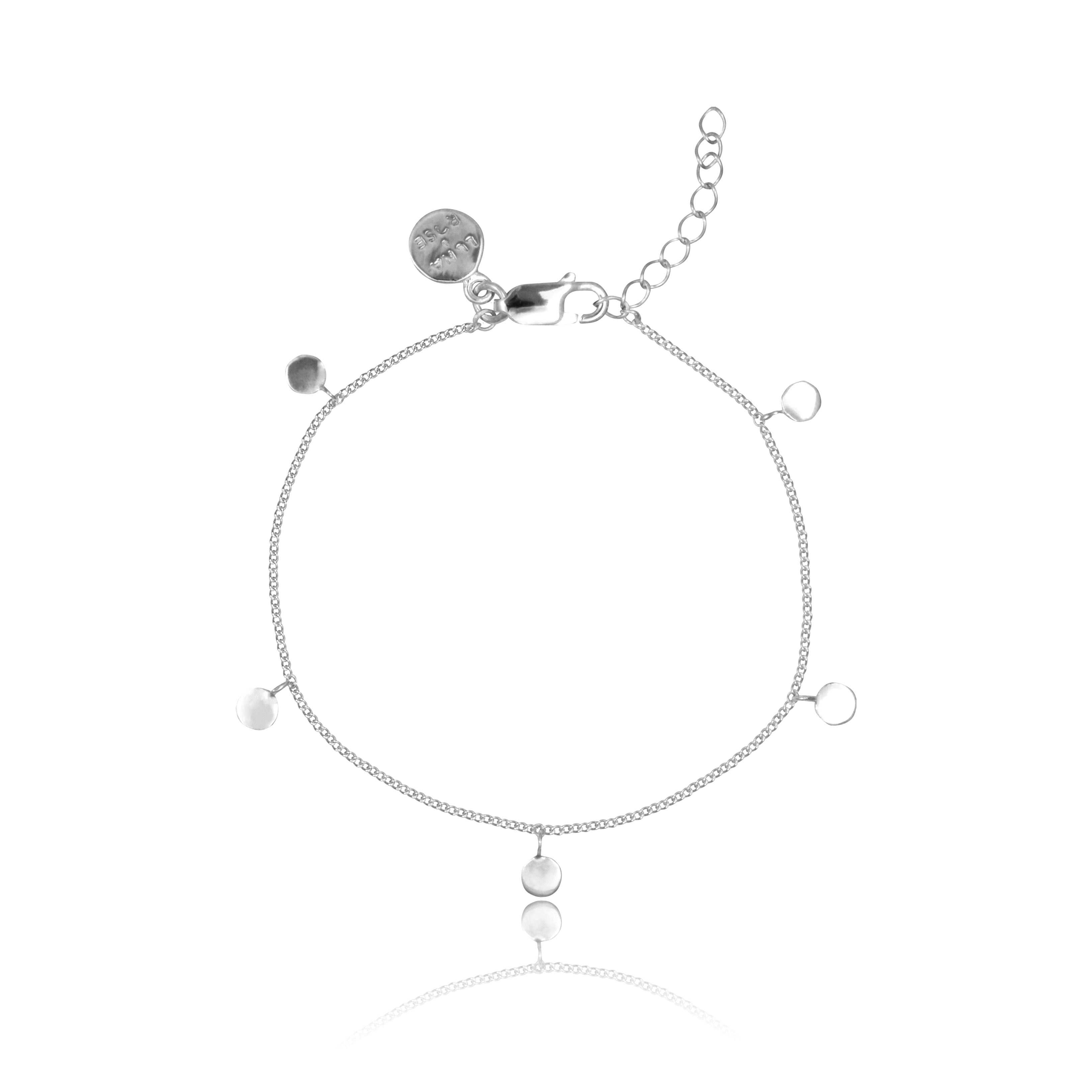A silver bracelet with small circular charms and an adjustable clasp, displayed on a white background.