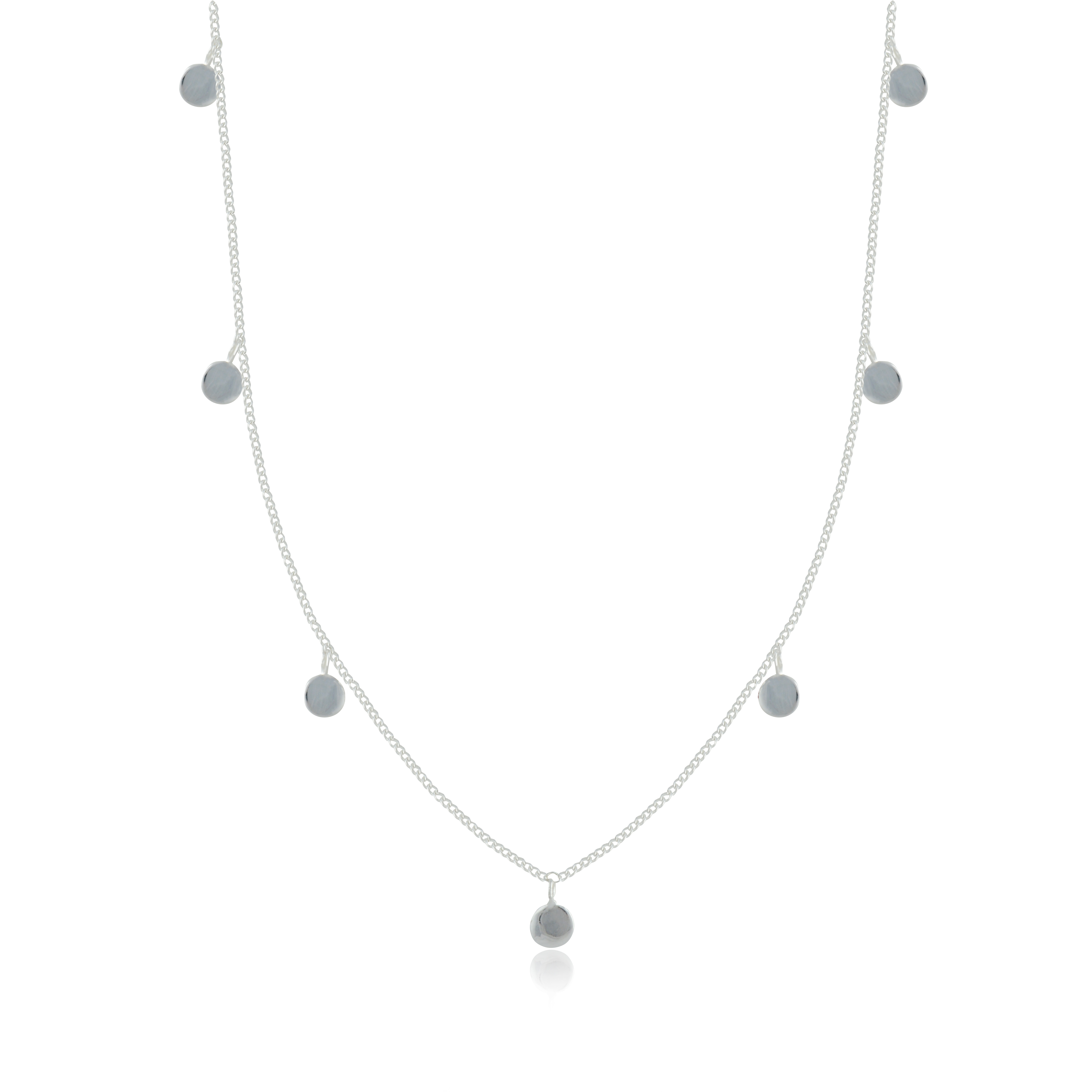A silver necklace with small circular charms and an adjustable clasp, displayed on a white background.