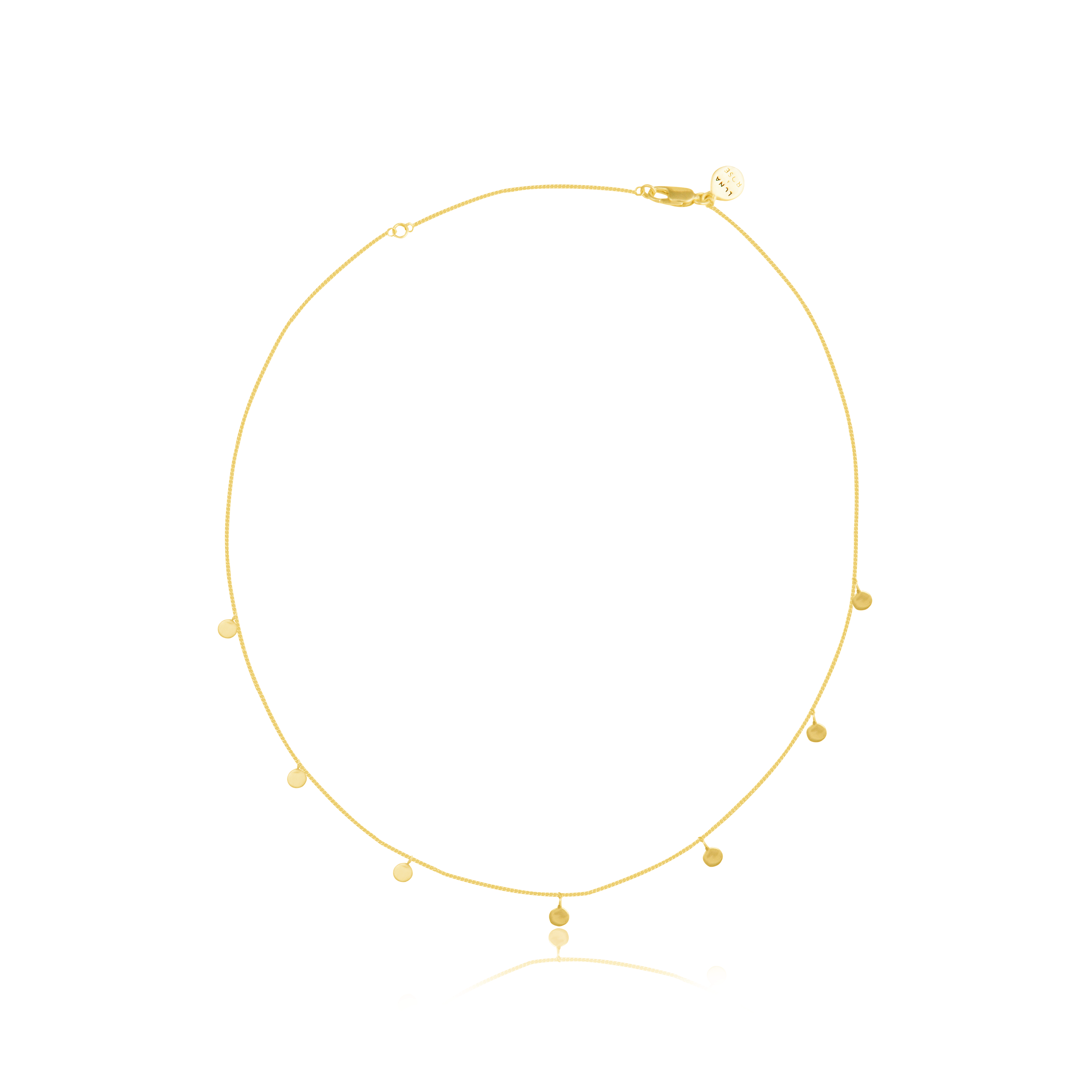 A gold necklace with small circular charms and an adjustable clasp, displayed on a white background.