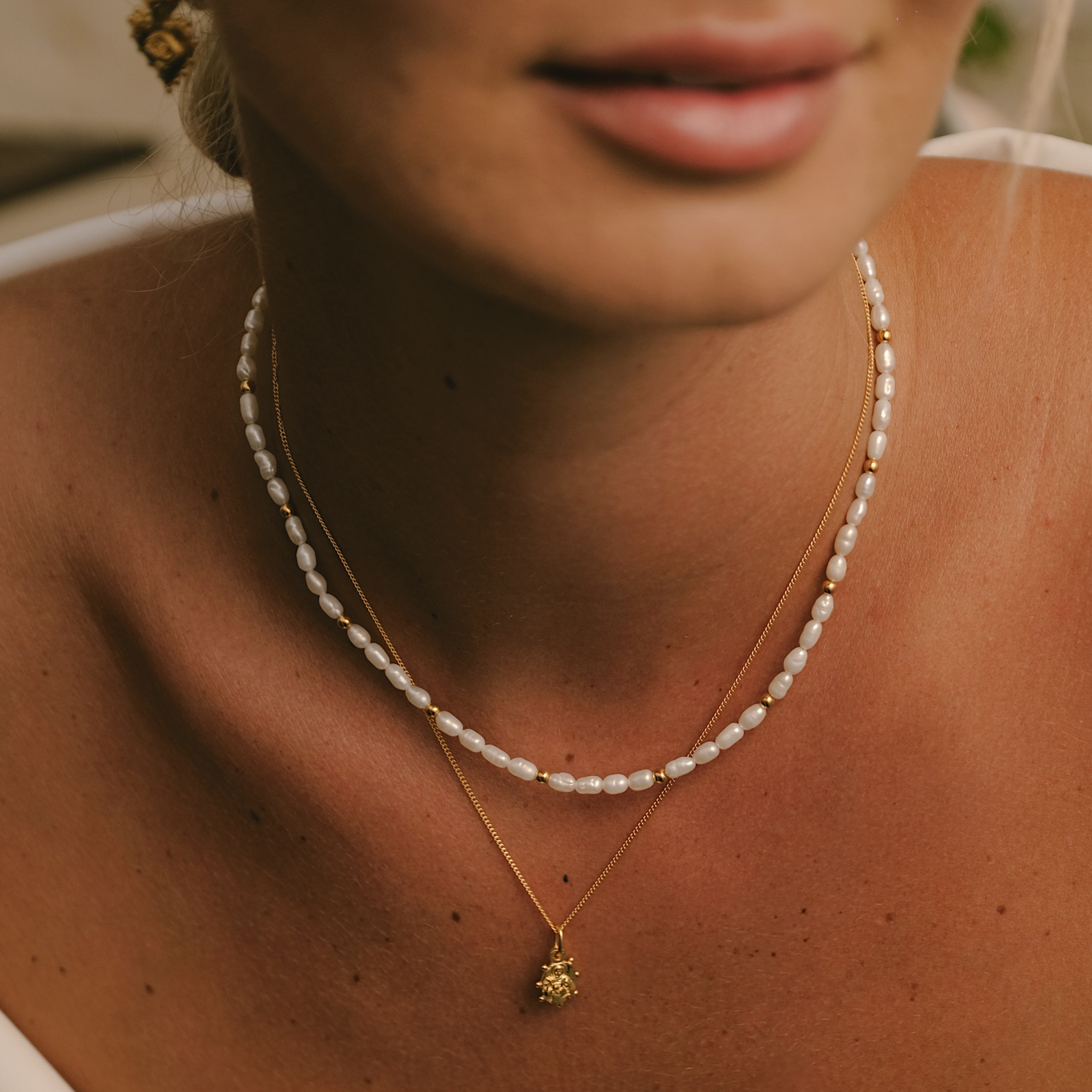 Mini Gold Pendant layered with Pearl Necklace