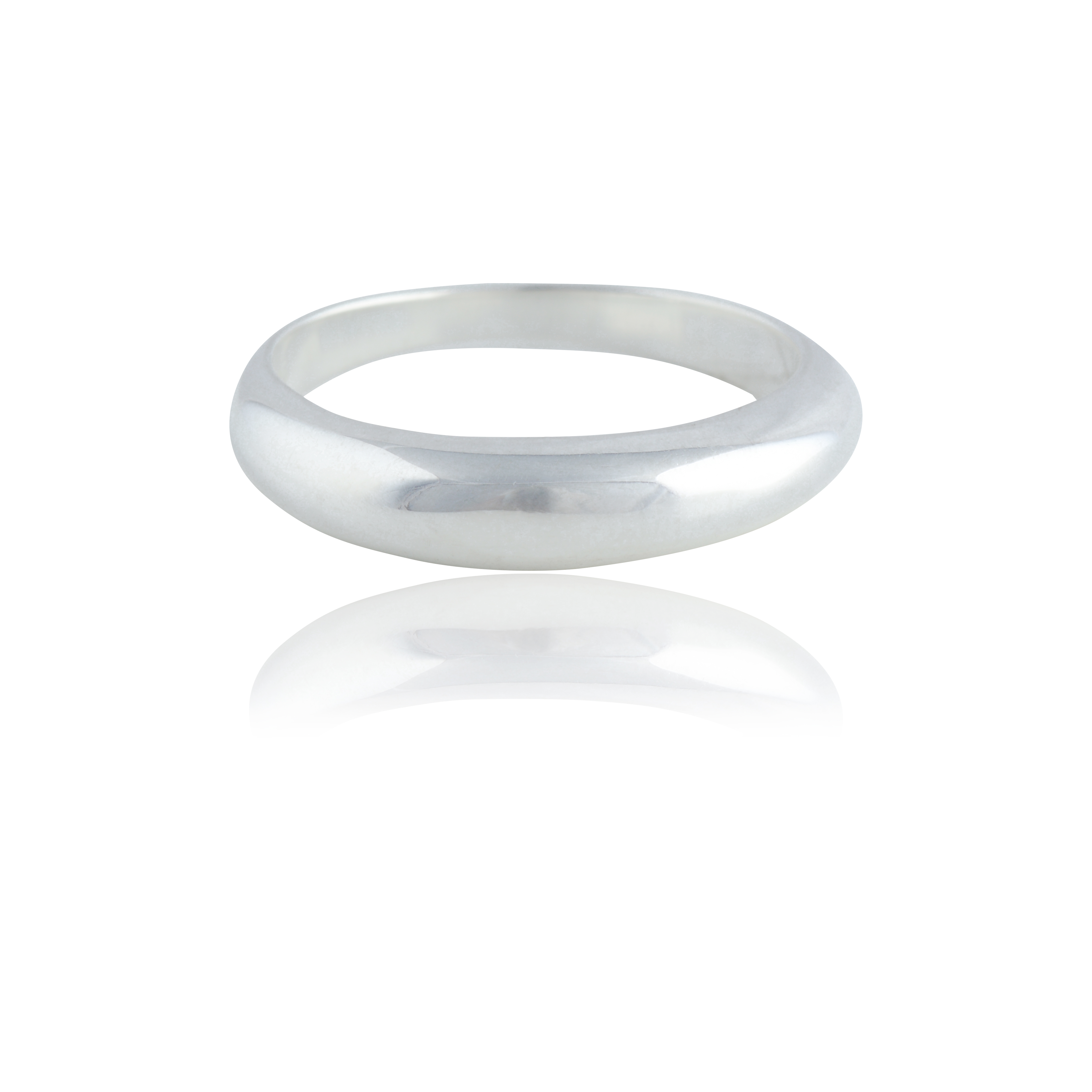 A silver ring with a polished finish, displayed on a white background.