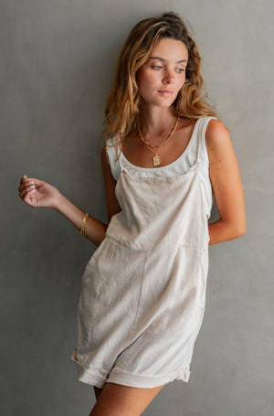 Luna Rose Short Linen Summer Overalls Plant Dyed in Macadamia