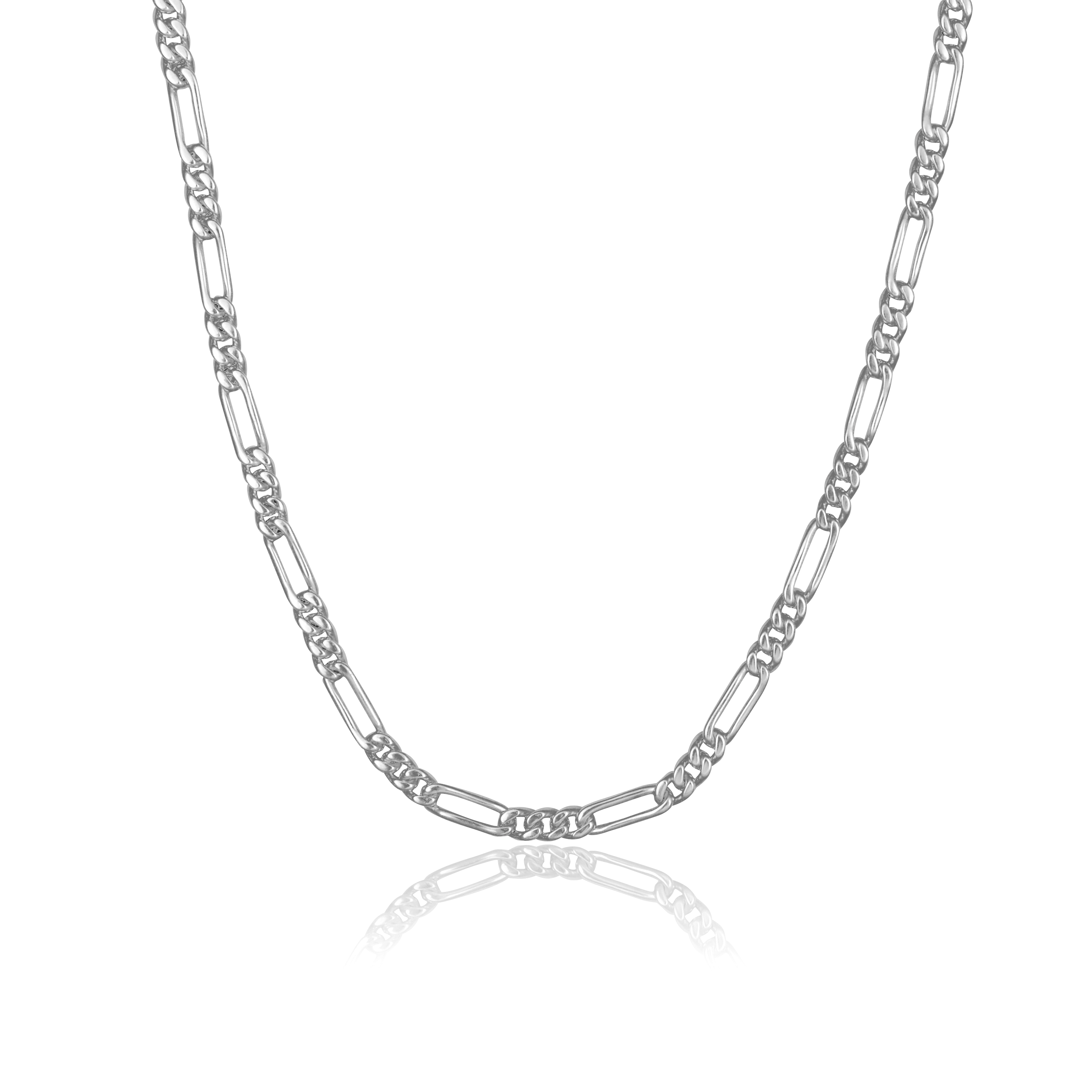 A silver chain necklace with a clasp, displayed on a reflective white background.