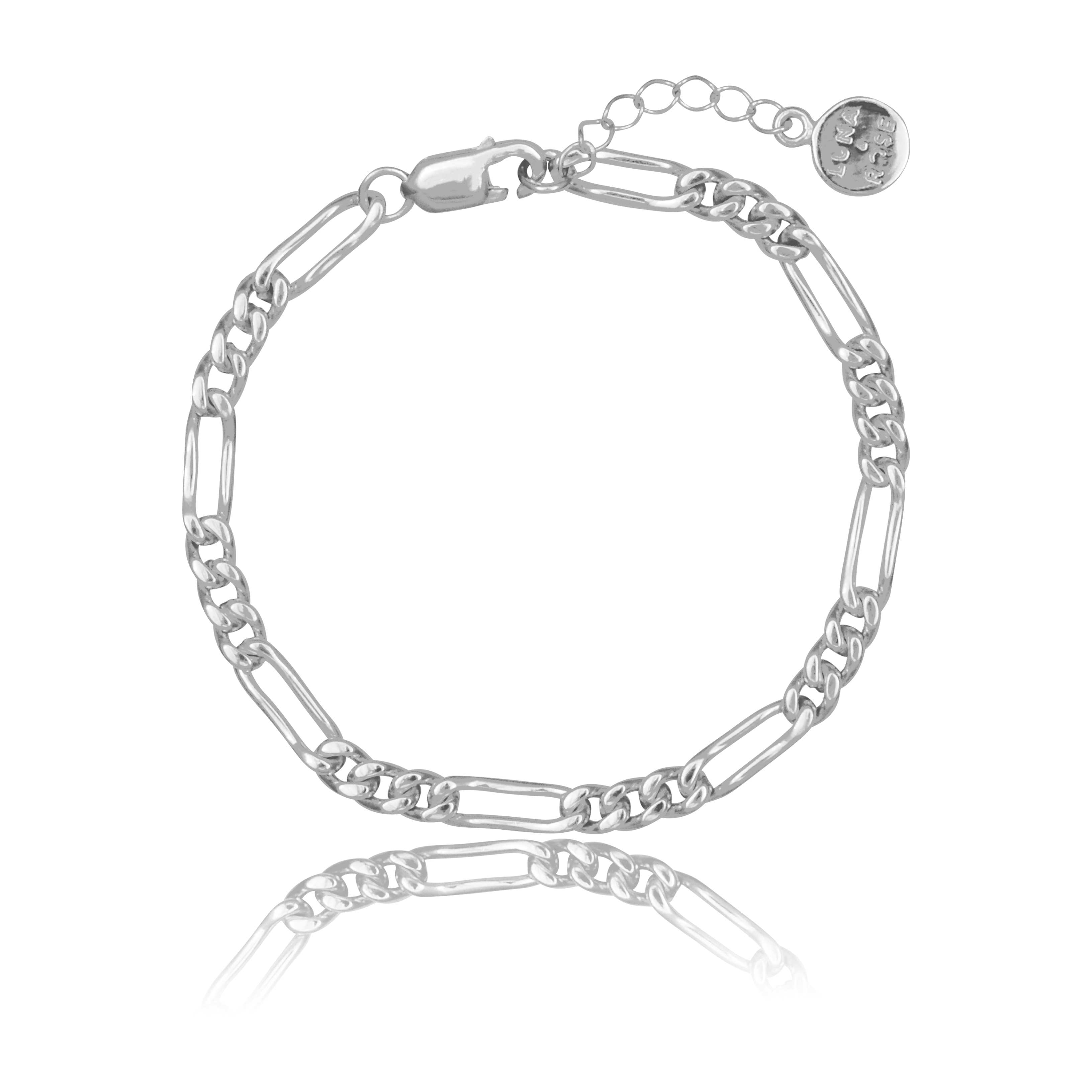 A gold chain bracelet with a clasp, displayed on a reflective white background.