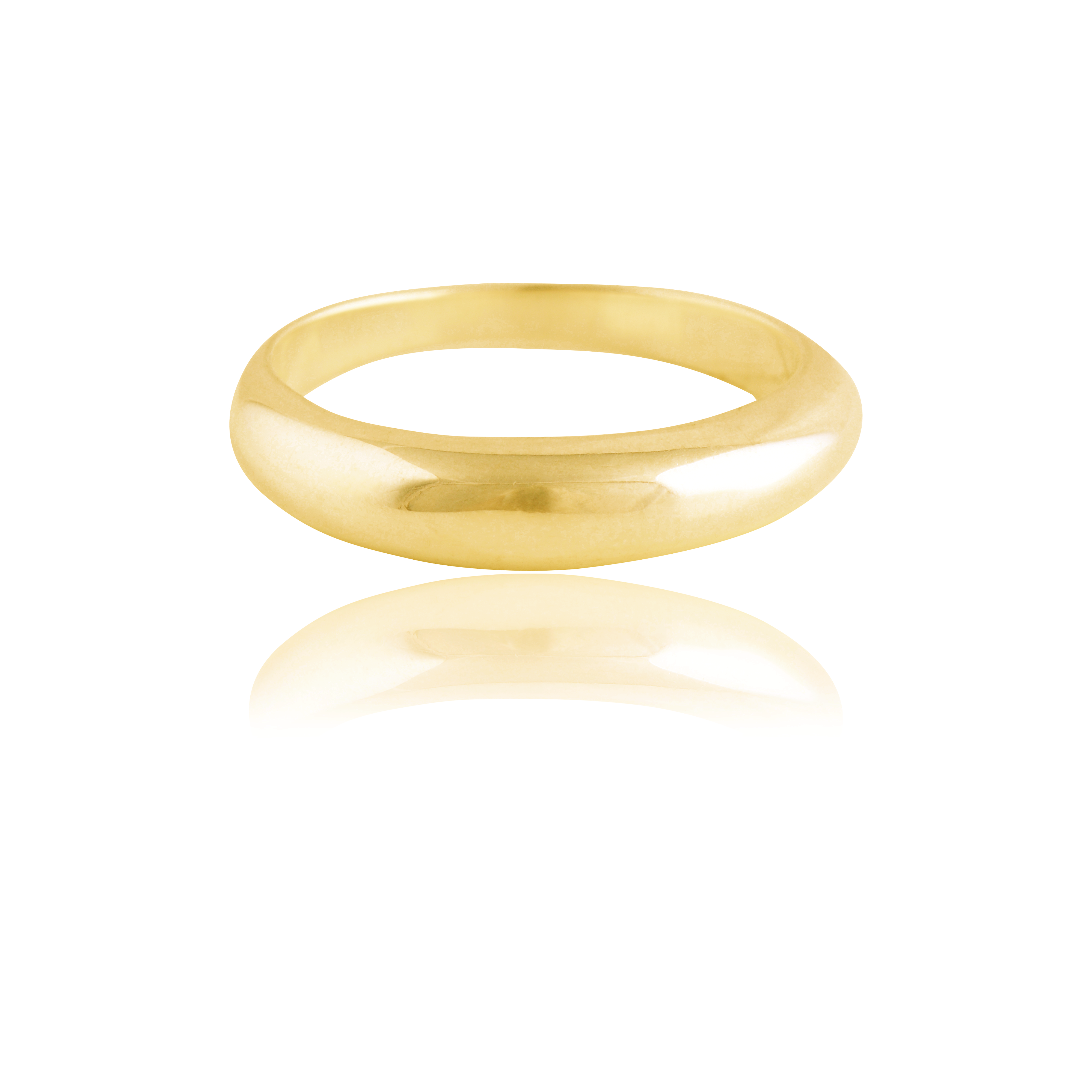 A polished gold ring with a curved design, displayed on a white background.