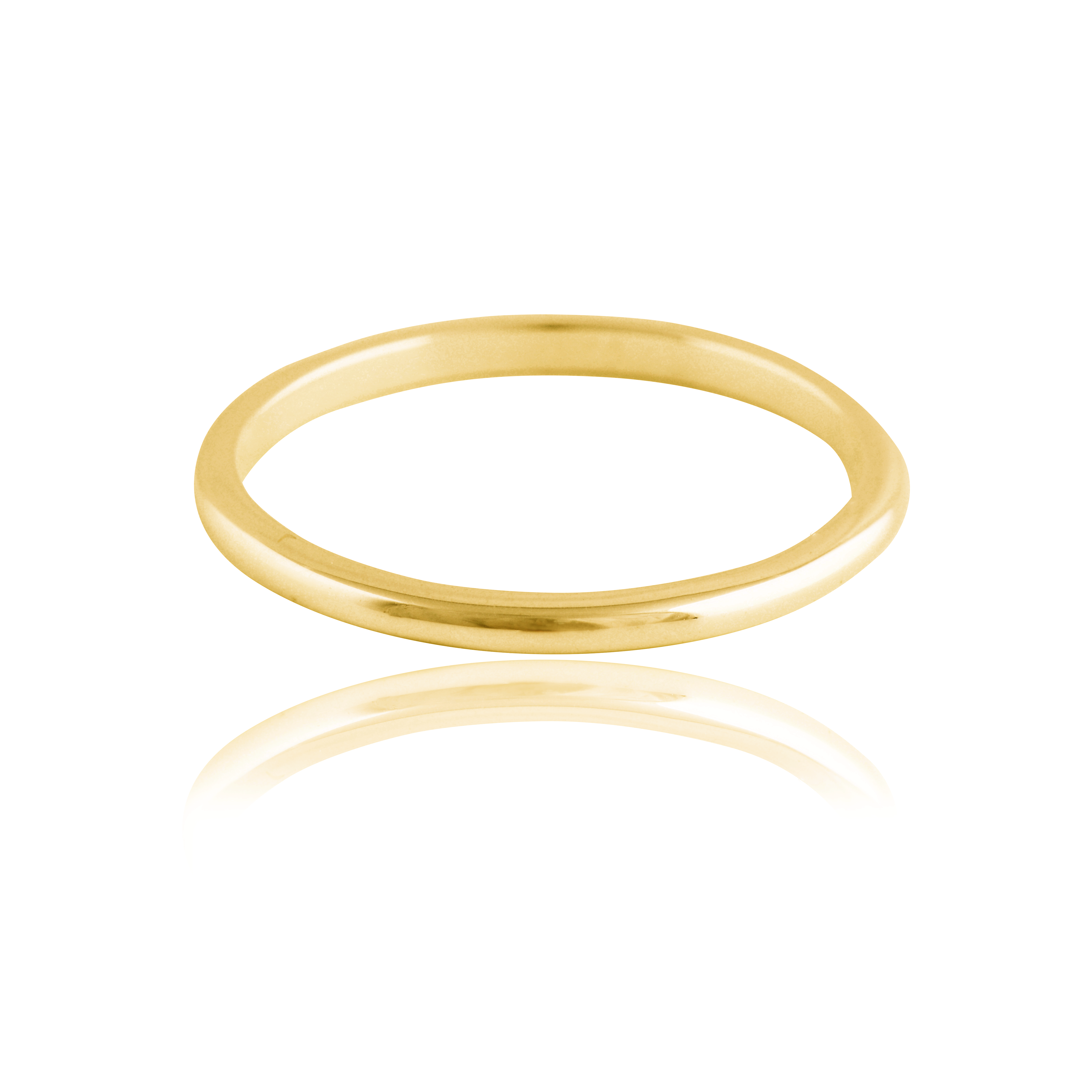 A slim gold ring laid flat, shown against a white background.