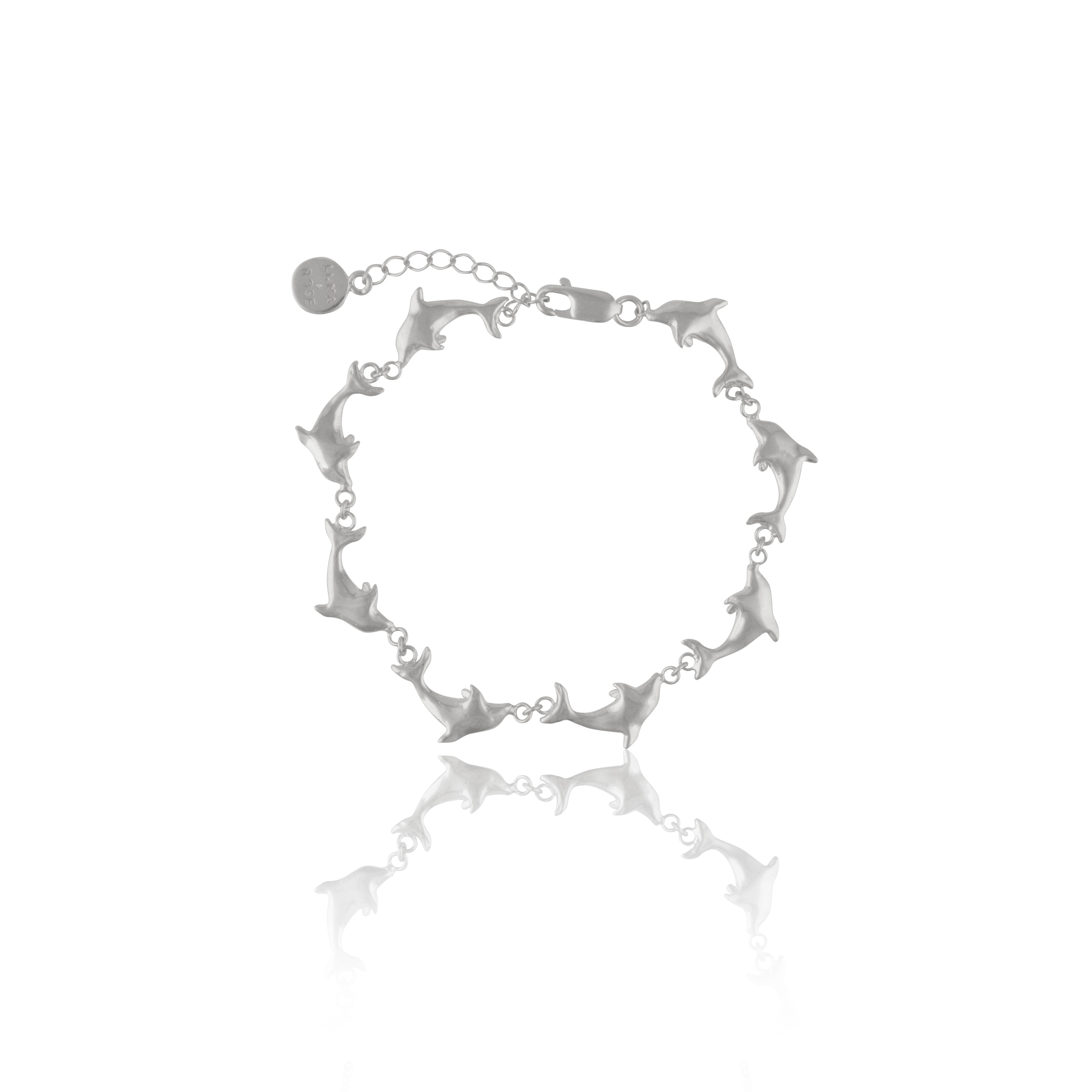 Handmade Luna & Rose x Tahnee Kelland ‘Vibes Don’t Lie’ silver bracelet, dolphin design symbolising flow, crafted sustainably in Bali.