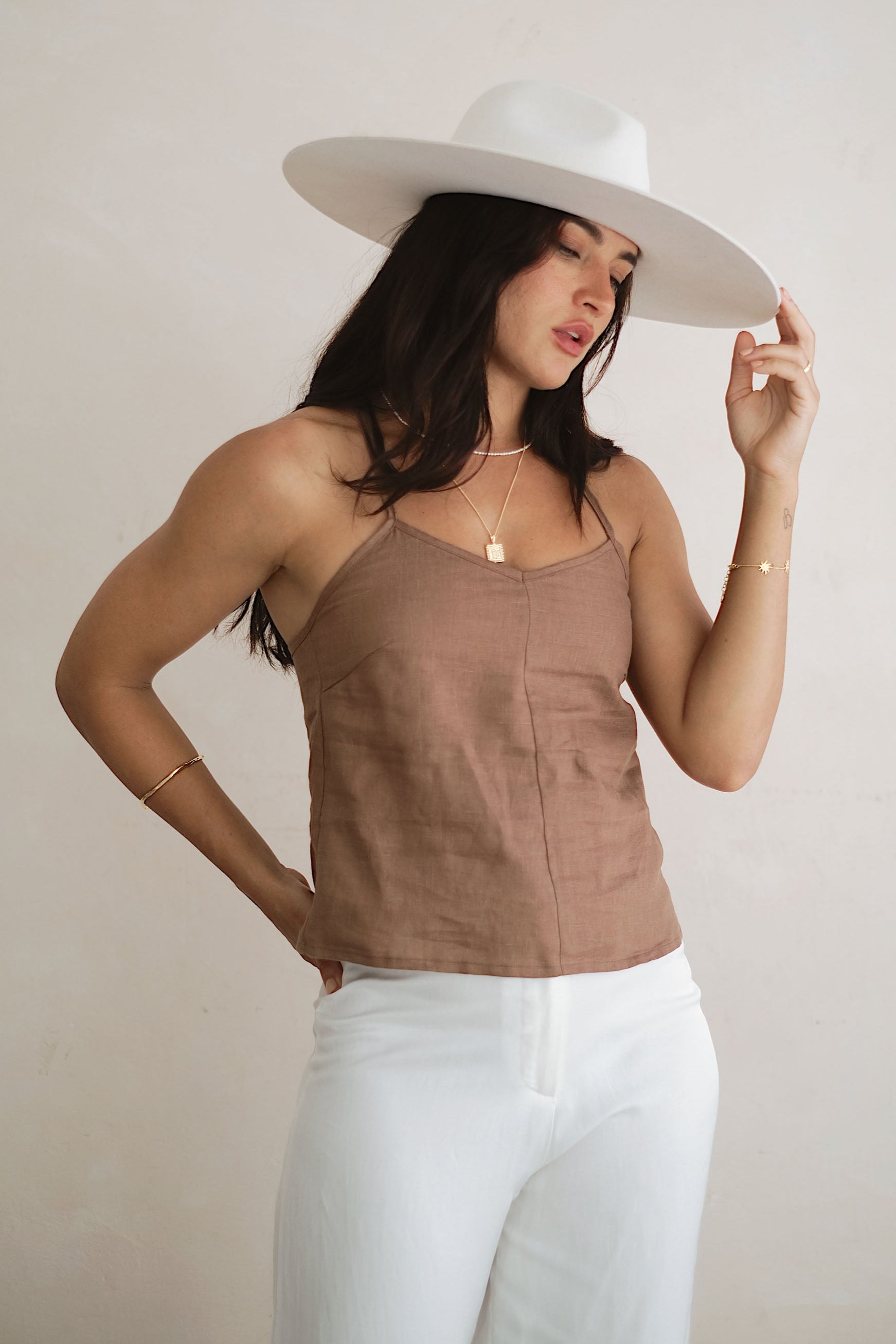 Brown Linen Singlet with Adjustable Straps & Hat