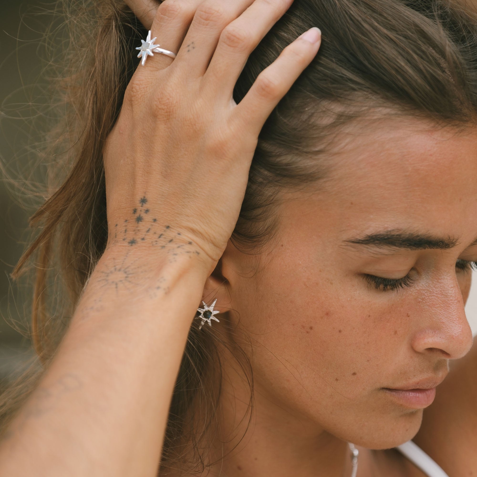 Handmade Luna & Rose x Tahnee Kelland ‘I Told You About the Stars’ silver ring, featuring celestial star details and labradorite stones, crafted in Bali. Side view