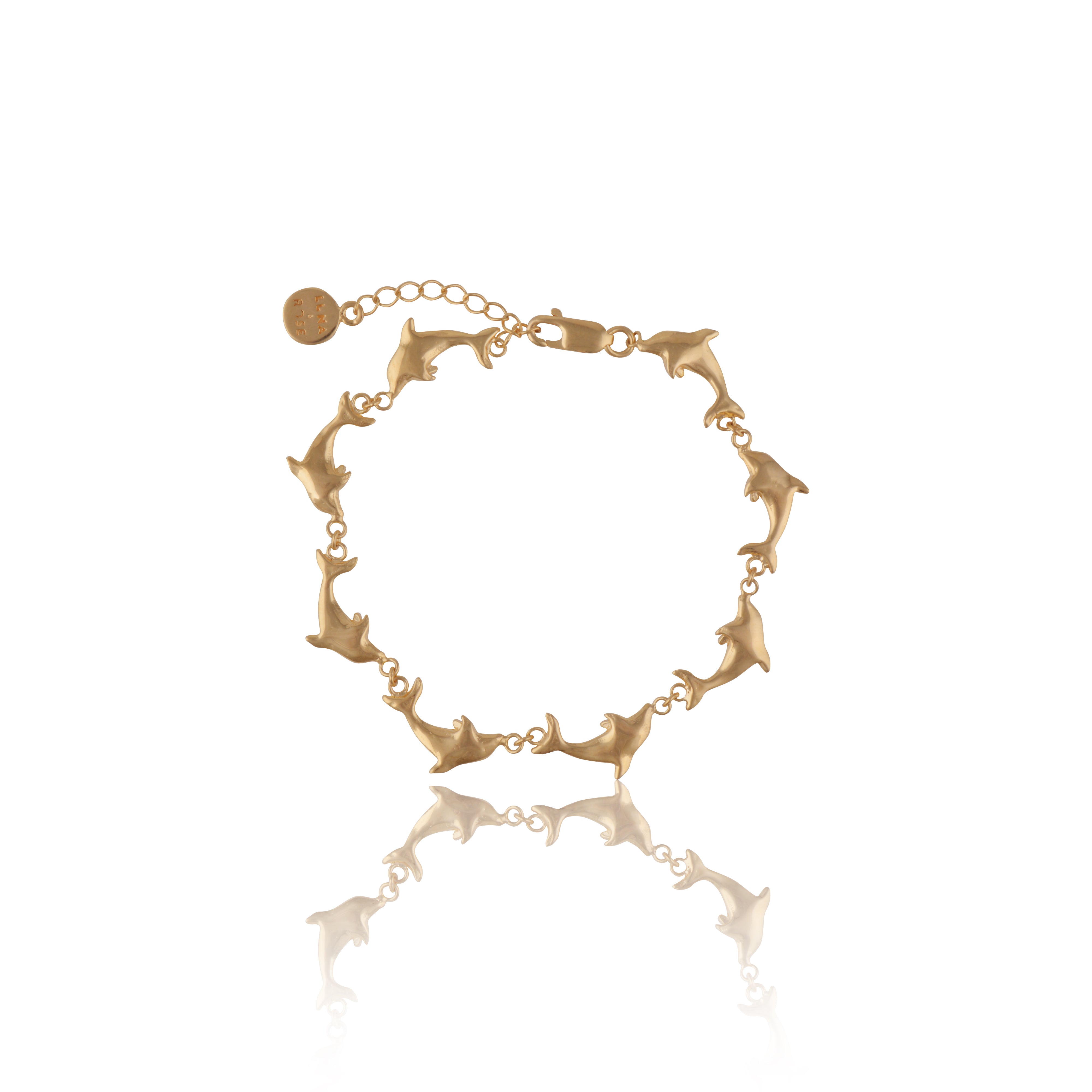 Luna & Rose x Tahnee Kelland ‘Vibes Don’t Lie’ gold bracelet with dolphin motif, handmade in Bali from recycled sterling silver.