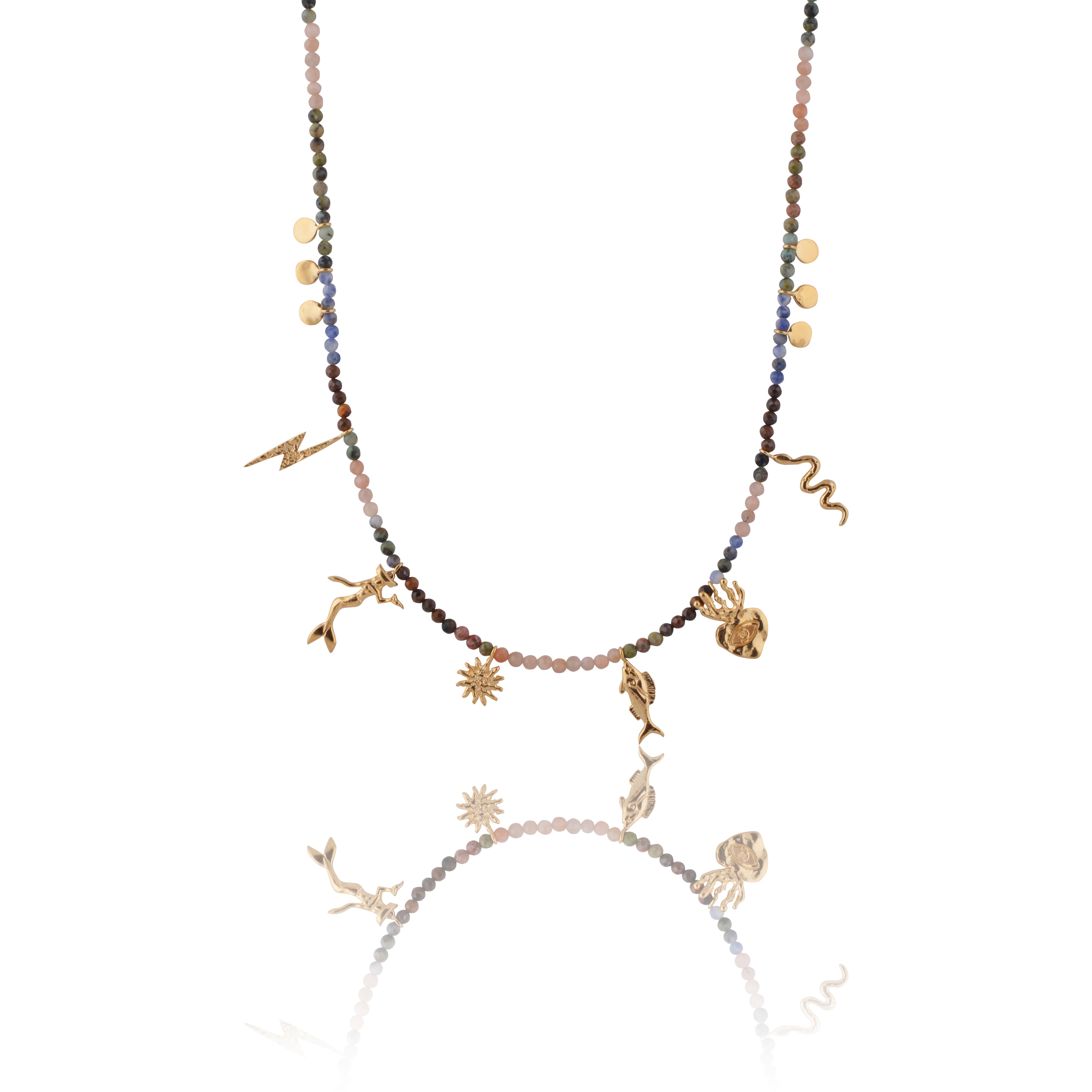 Luna & Rose x Tahnee Kelland ‘Riding Tides’ gold charm necklace with natural gemstones, handmade in Bali from recycled sterling silver and Gold vermeil