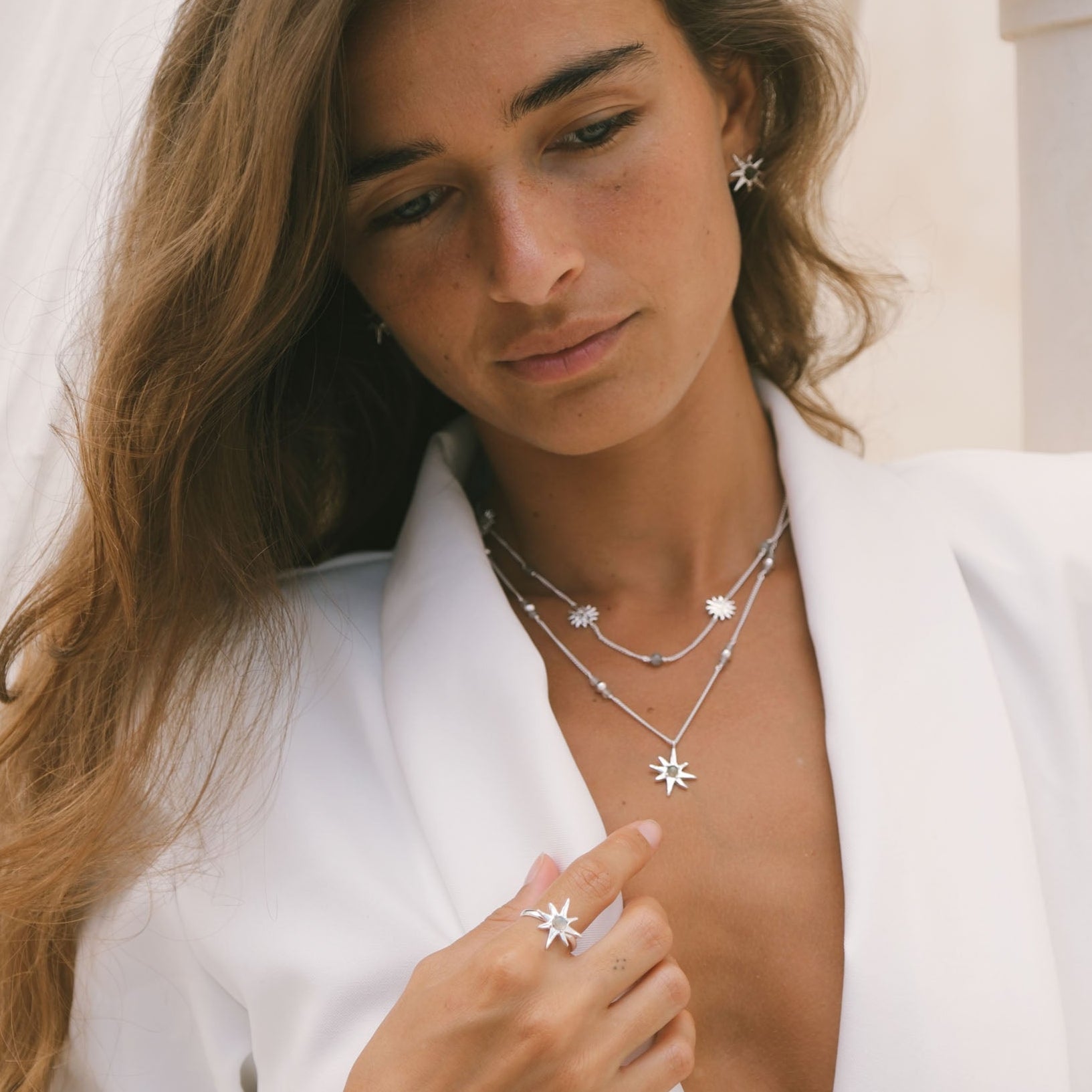 Handmade Luna & Rose x Tahnee Kelland ‘I Told You About the Stars’ silver necklace, featuring celestial star details and labradorite stones, crafted in Bali layered with the collection