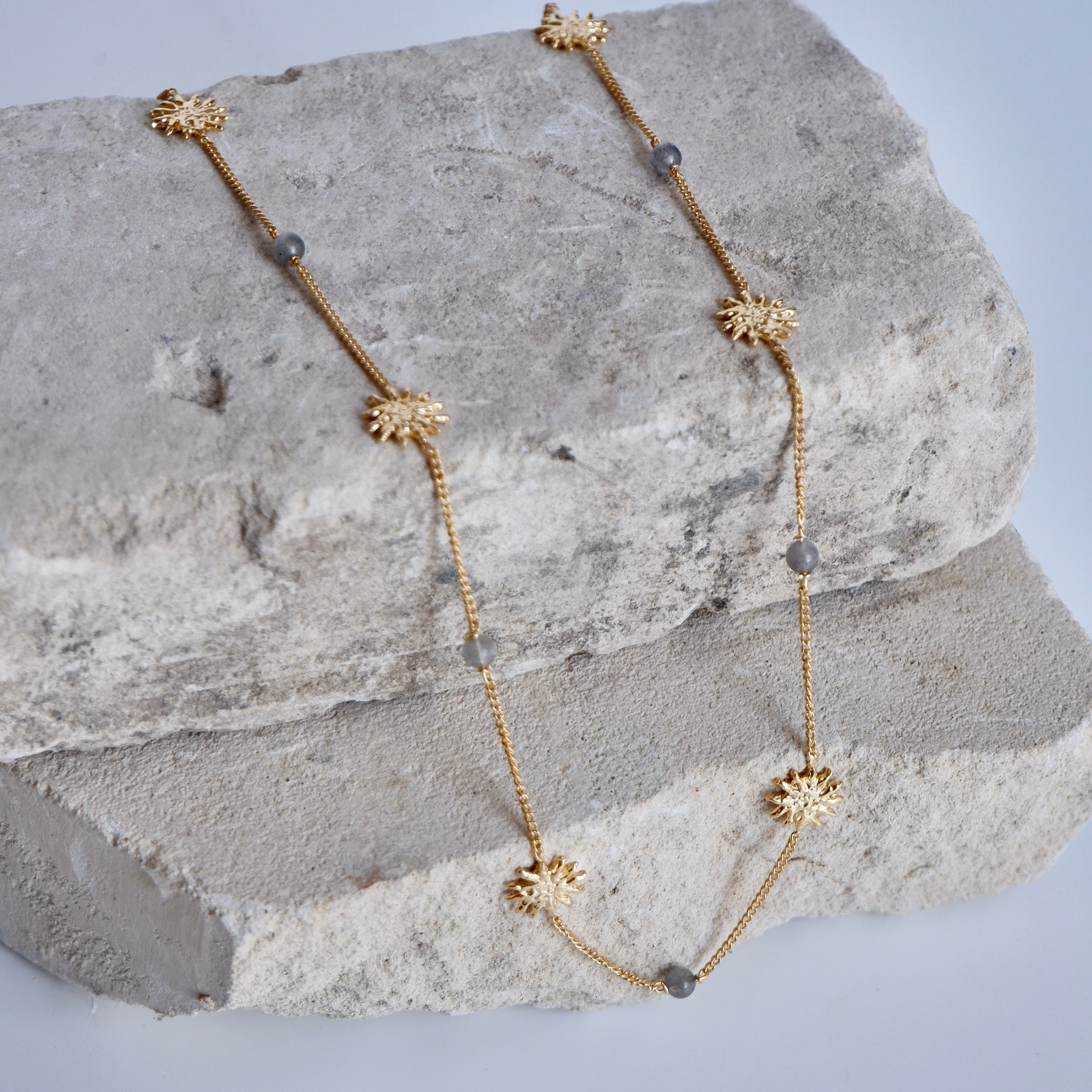 Luna & Rose x Tahnee Kelland ‘Warm Love’ gold necklace with sun charms and labradorite stones, handmade in Bali from recycled sterling silver and 18kt Gold vermeil