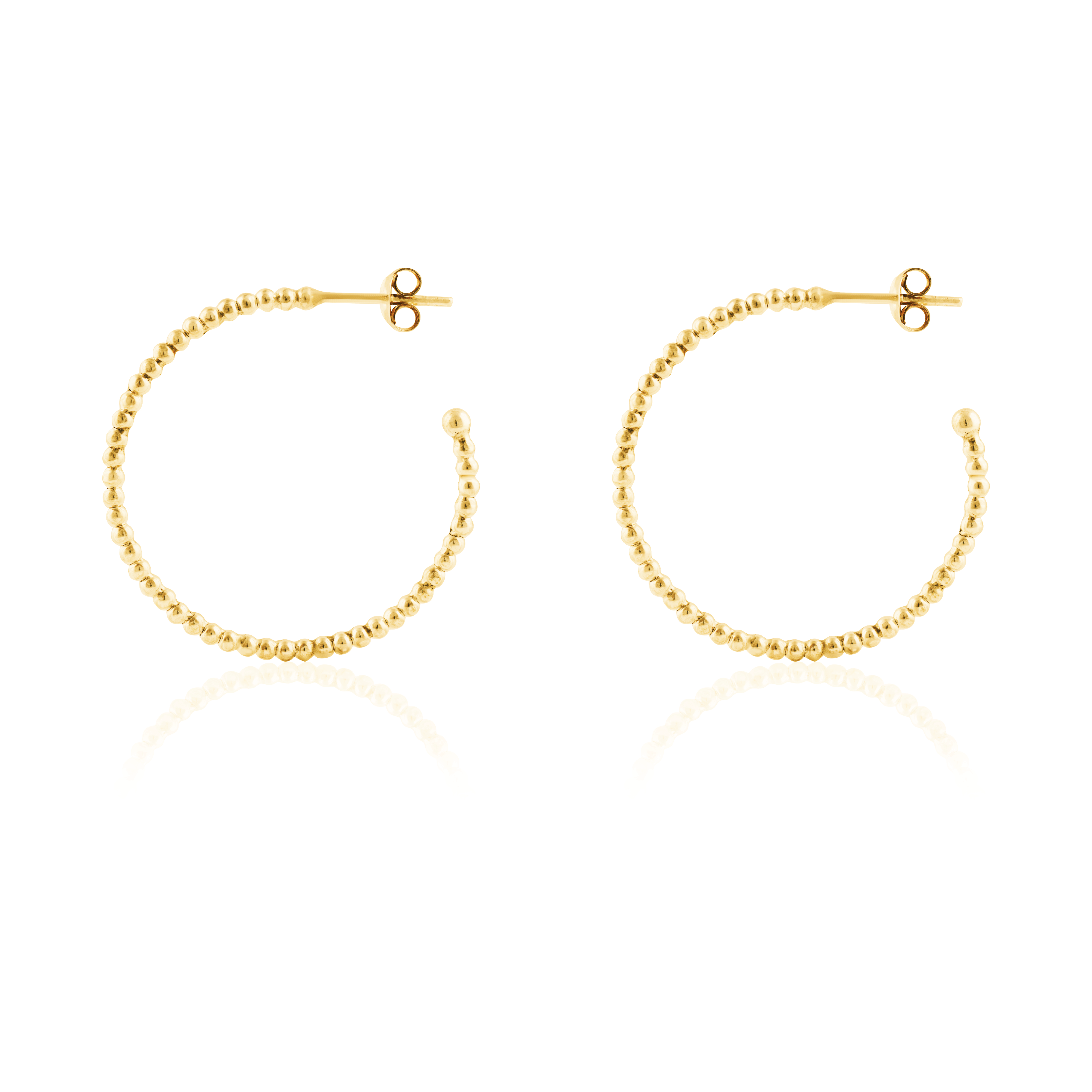 Thin gold beaded earrings angles from side, shown against a white background.