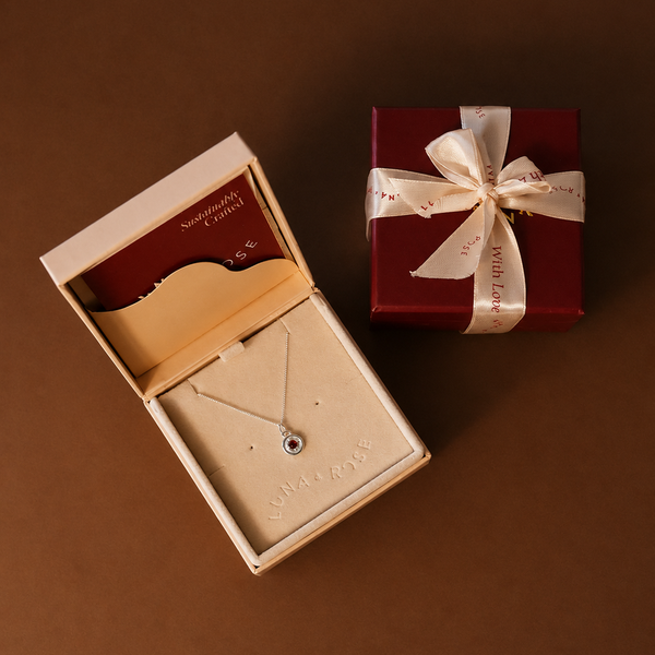 birthstone necklace silver February in packaging Luna and Rose