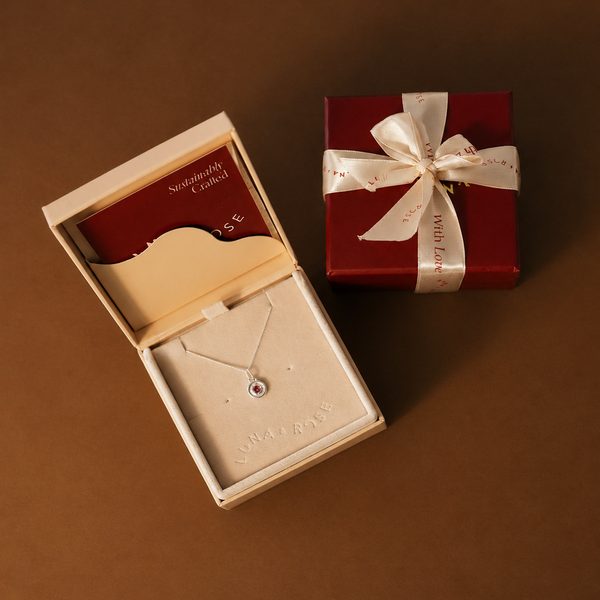 A luxury jewelry gift set featuring an open cream-colored box displaying a delicate gold necklace with a small round stone pendant, alongside a wrapped red gift box tied with a cream ribbon.