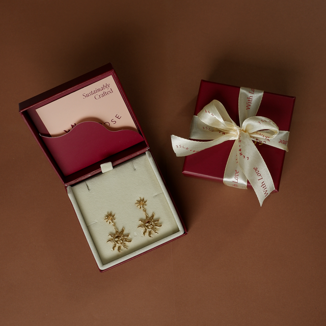 celestial sun earrings gold in packaging luna and rose