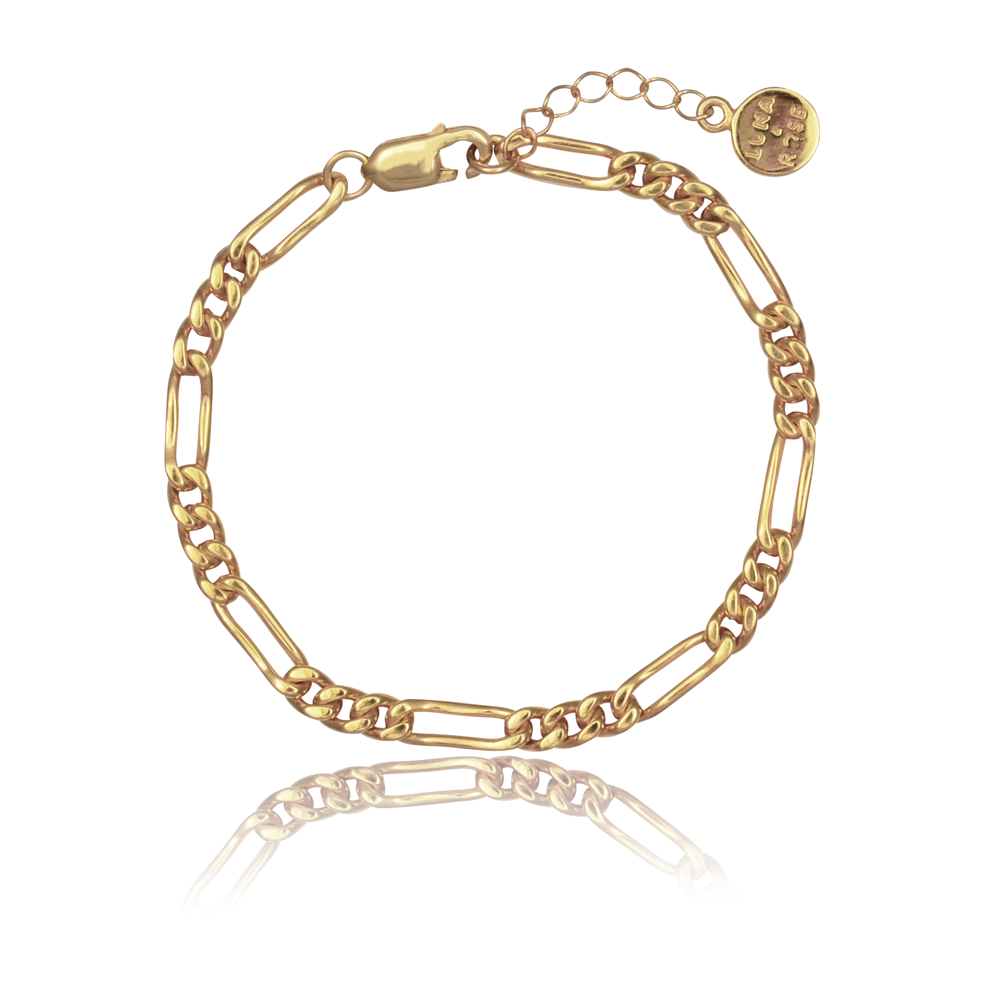 A gold chain anklet with a clasp, displayed on a reflective white background.