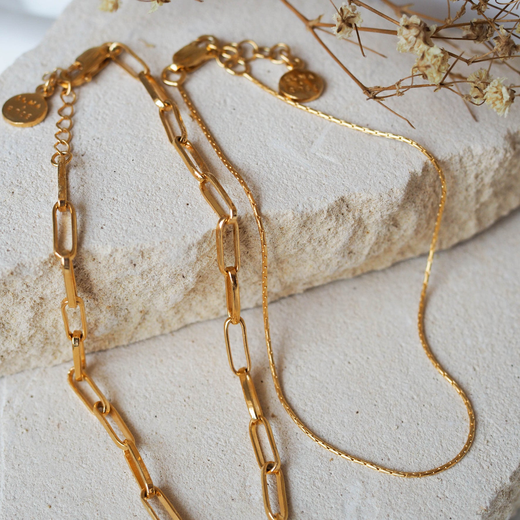 Two gold chain anklets, one with elongated links and the other a delicate chain, displayed on beige stone with dried flowers.