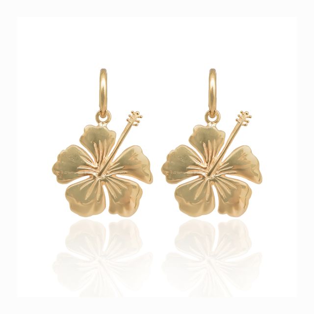 Detailed view of hibiscus earrings placed on a white background