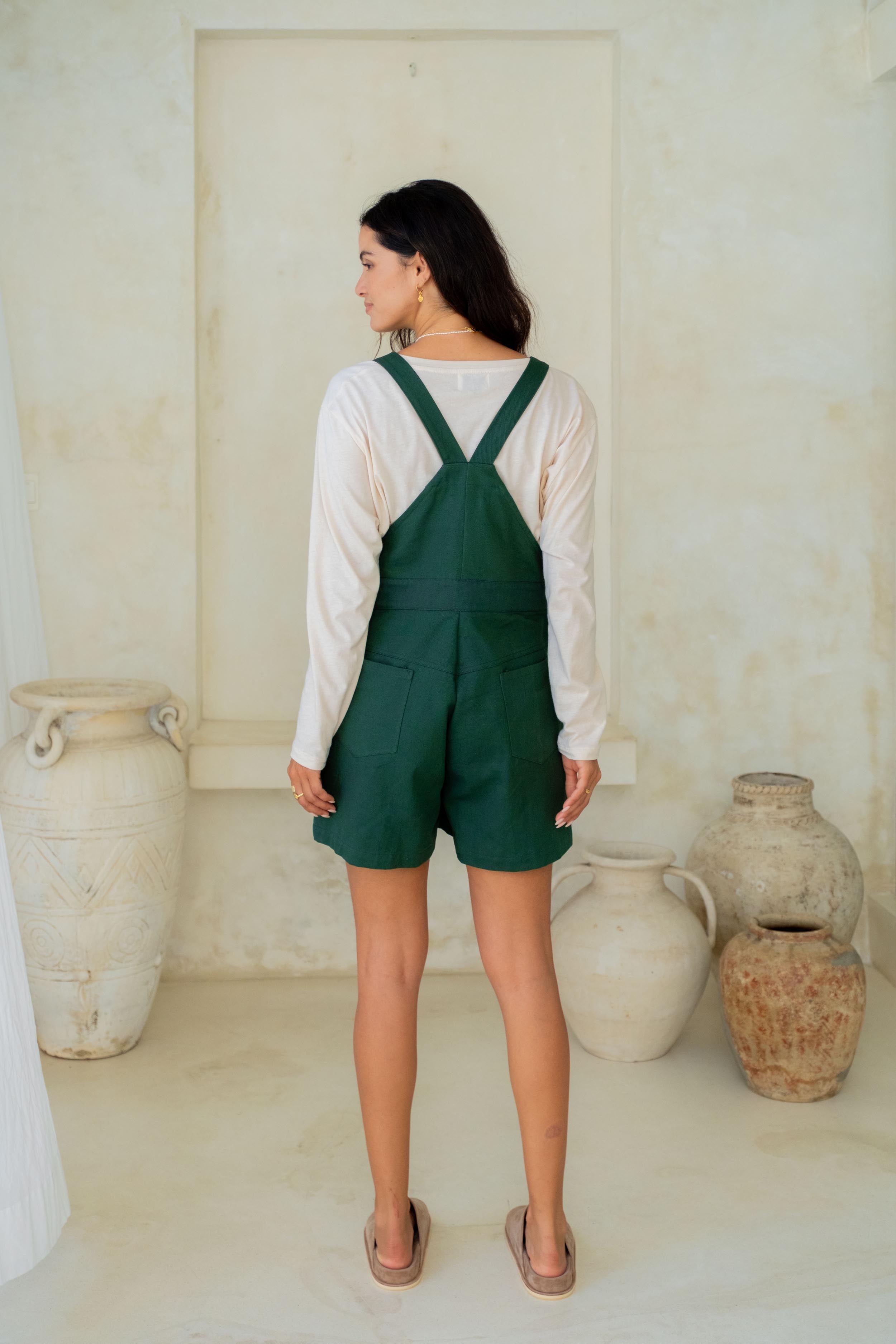 Back View of Rosemary Green Cotton Canvas Overalls by Bali Brand Luna & Rose