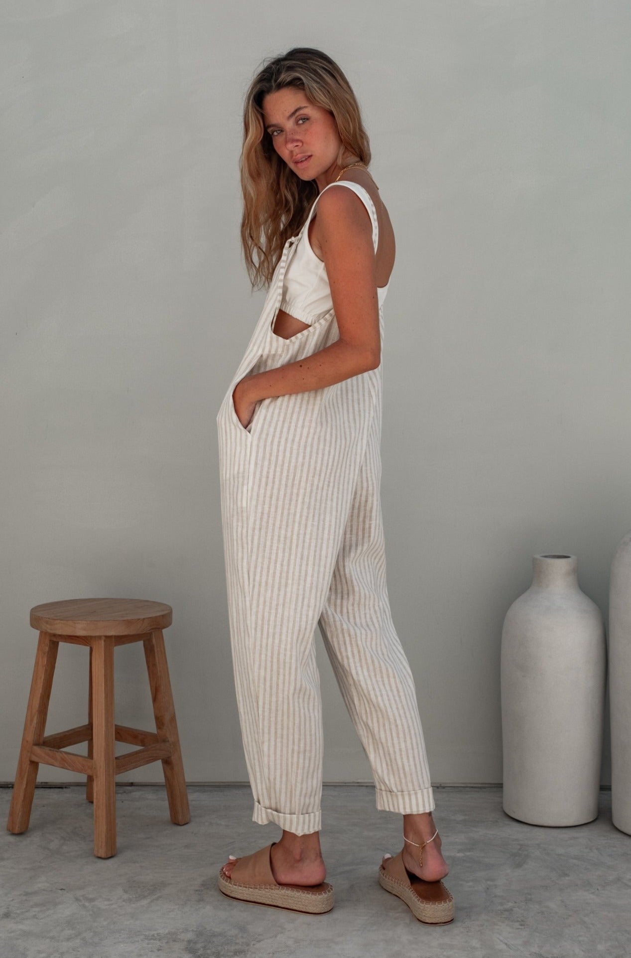 Ollie Overalls in Natural Sand Dune Linen Stripe
