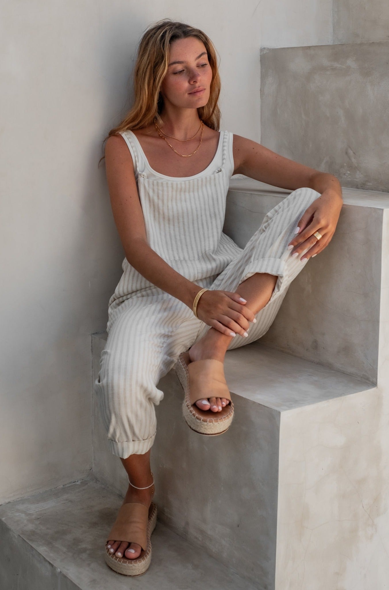 Ollie Overalls in Natural Sand Dune Linen Stripe