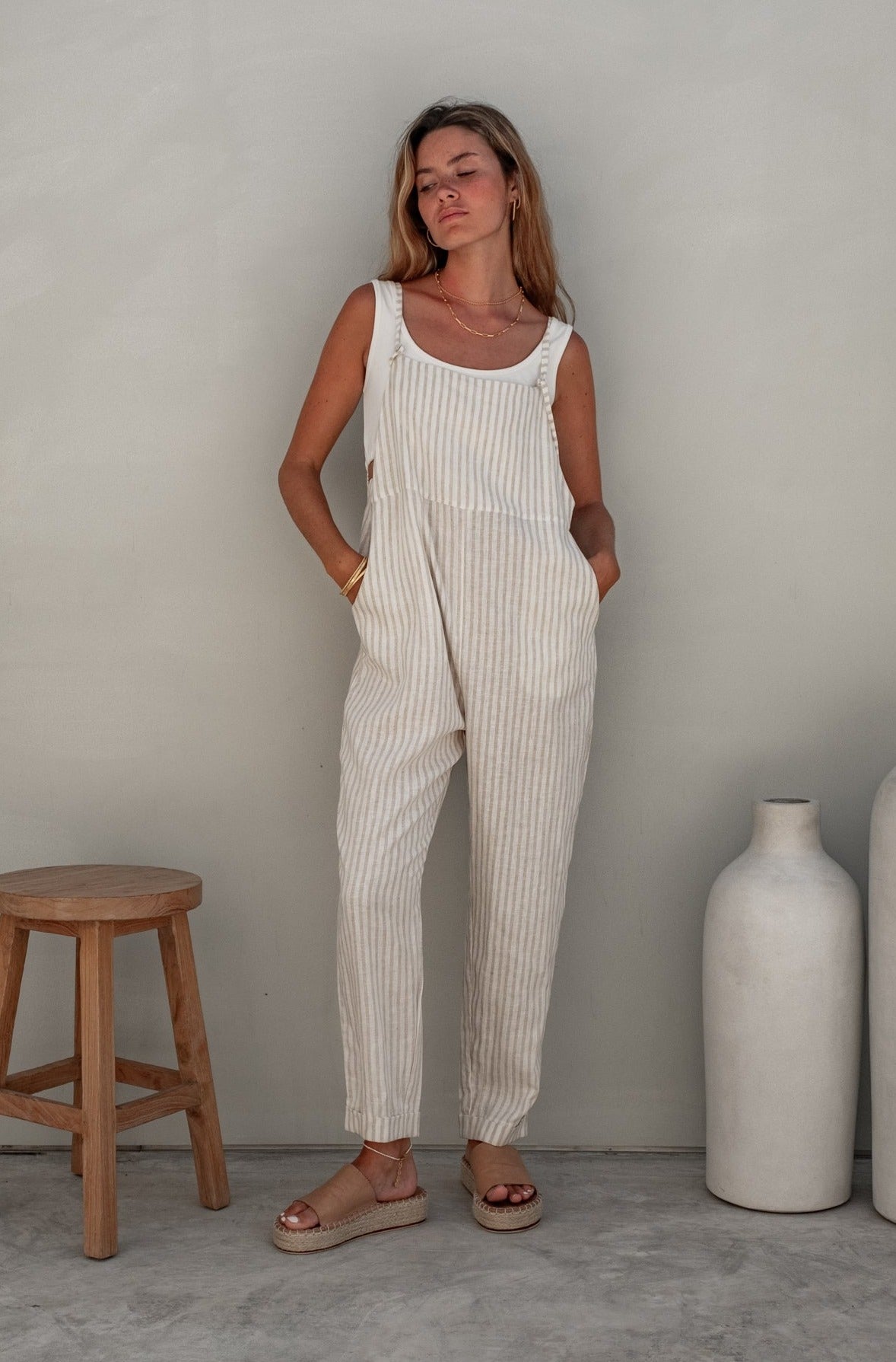 Ollie Overalls in Natural Sand Dune Linen Stripe