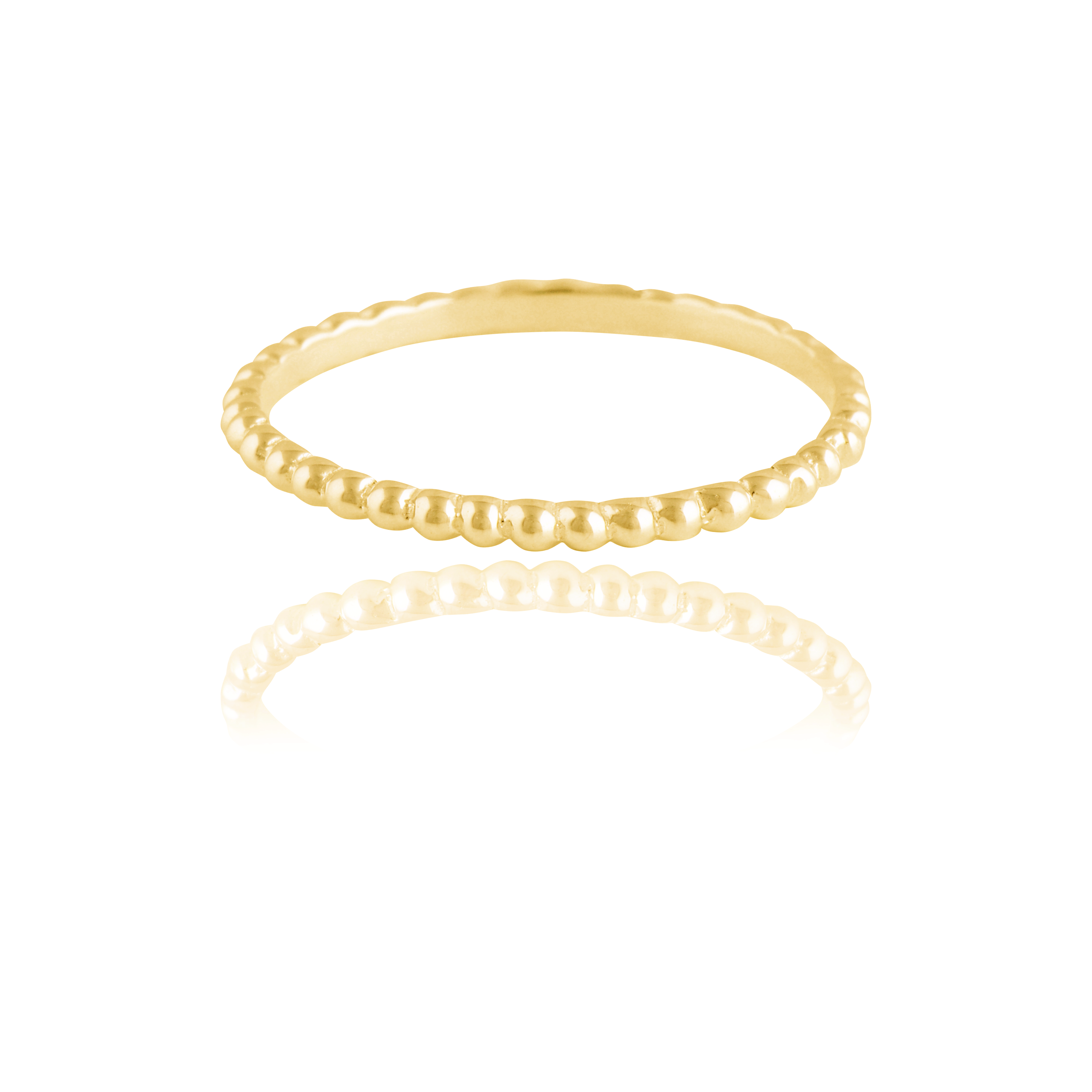 Thin gold beaded ring from front, shown against a white background.