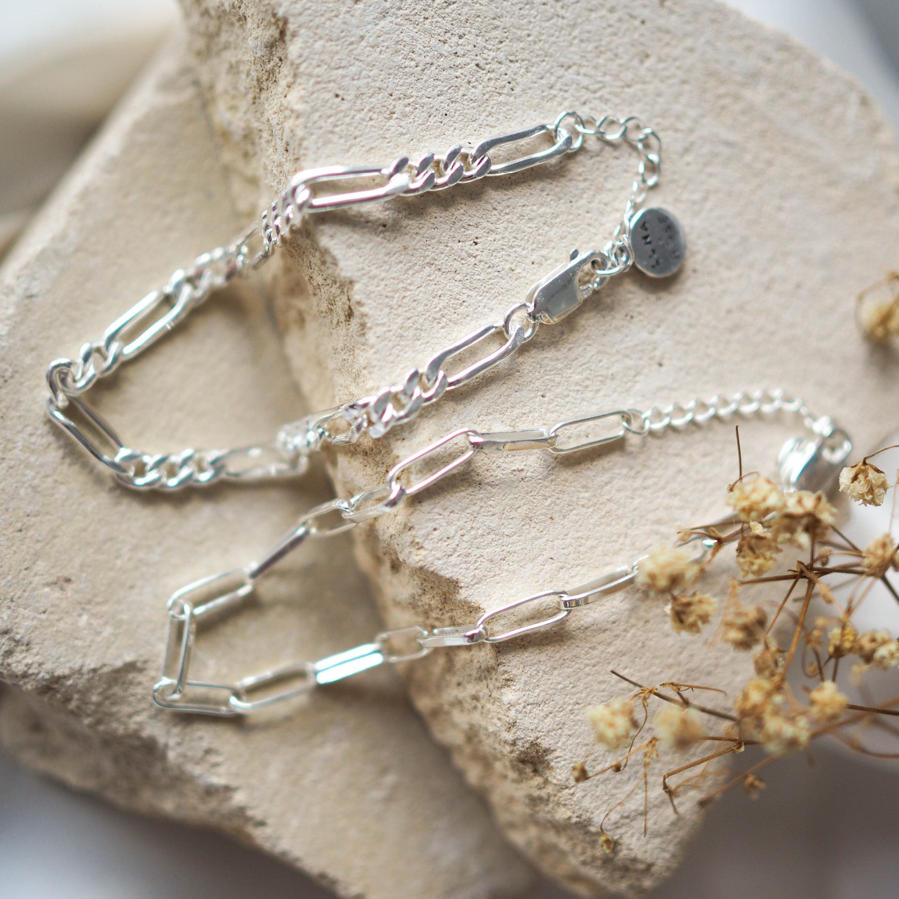 Washington Paper Clip Bracelet - Silver and Minimalist Figari bracelet silver displayed on stone