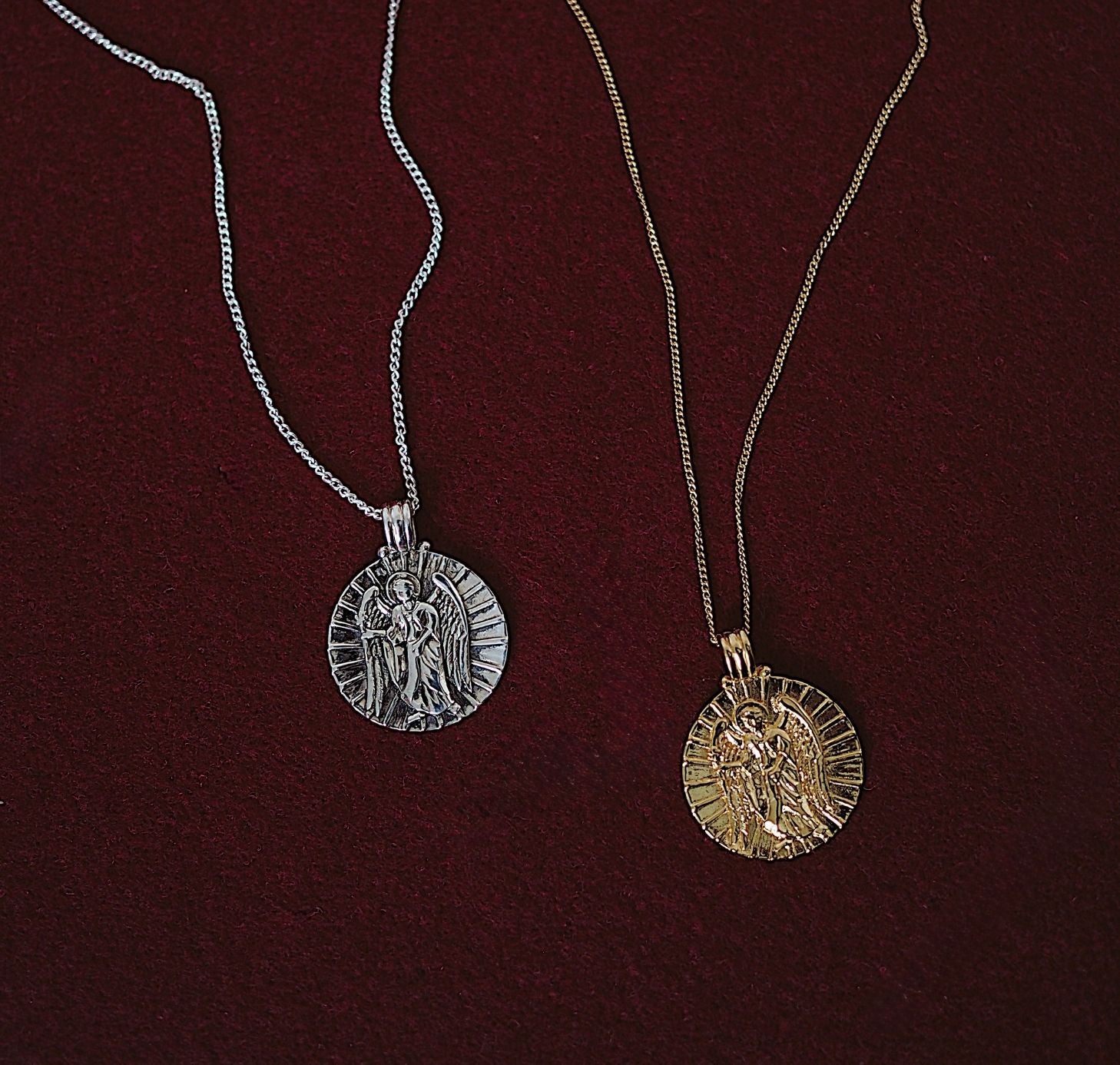 two necklaces of St Gabriel - Archangel Saint of Communication gold and silver