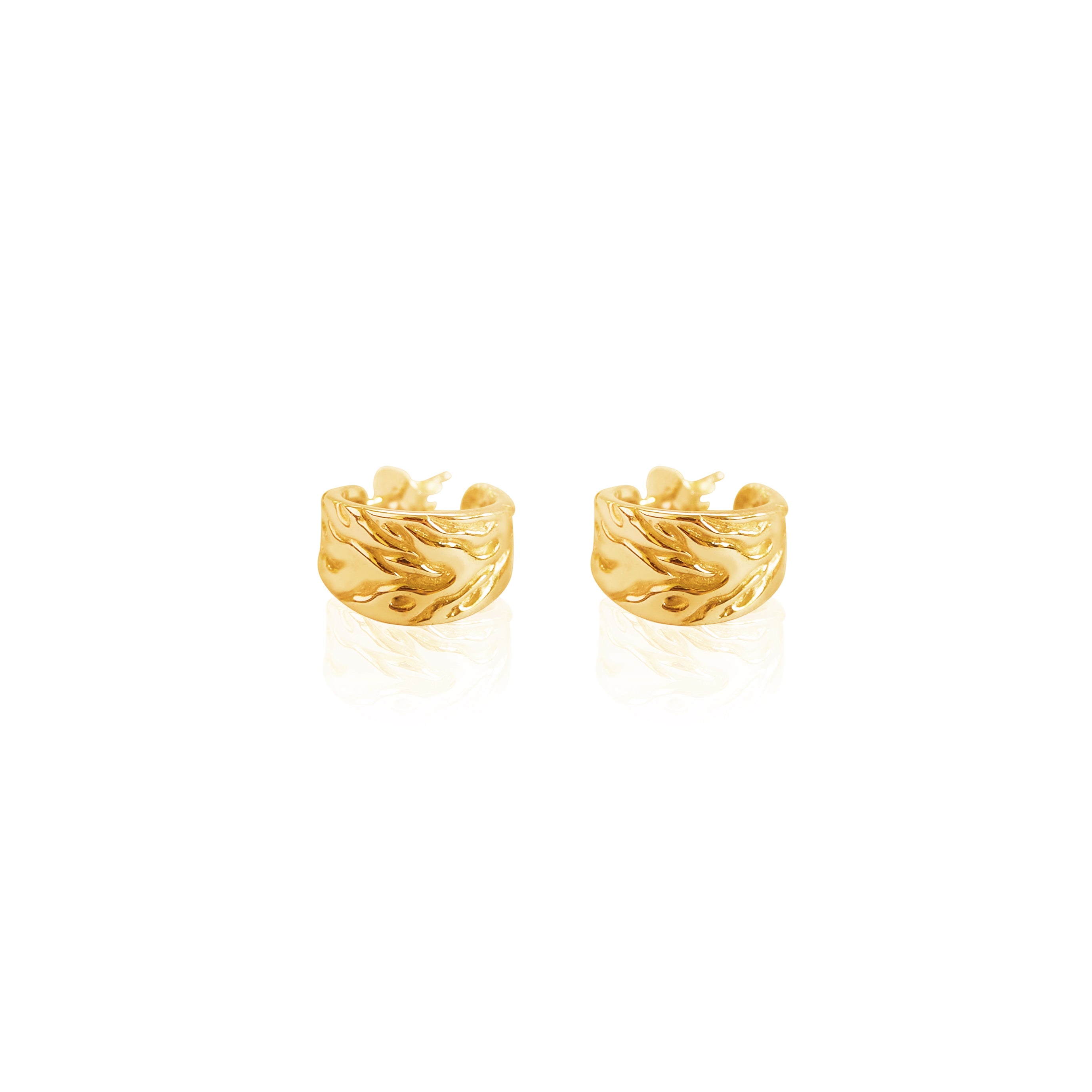 Product photo of gold textured hoop earrings against a white background.