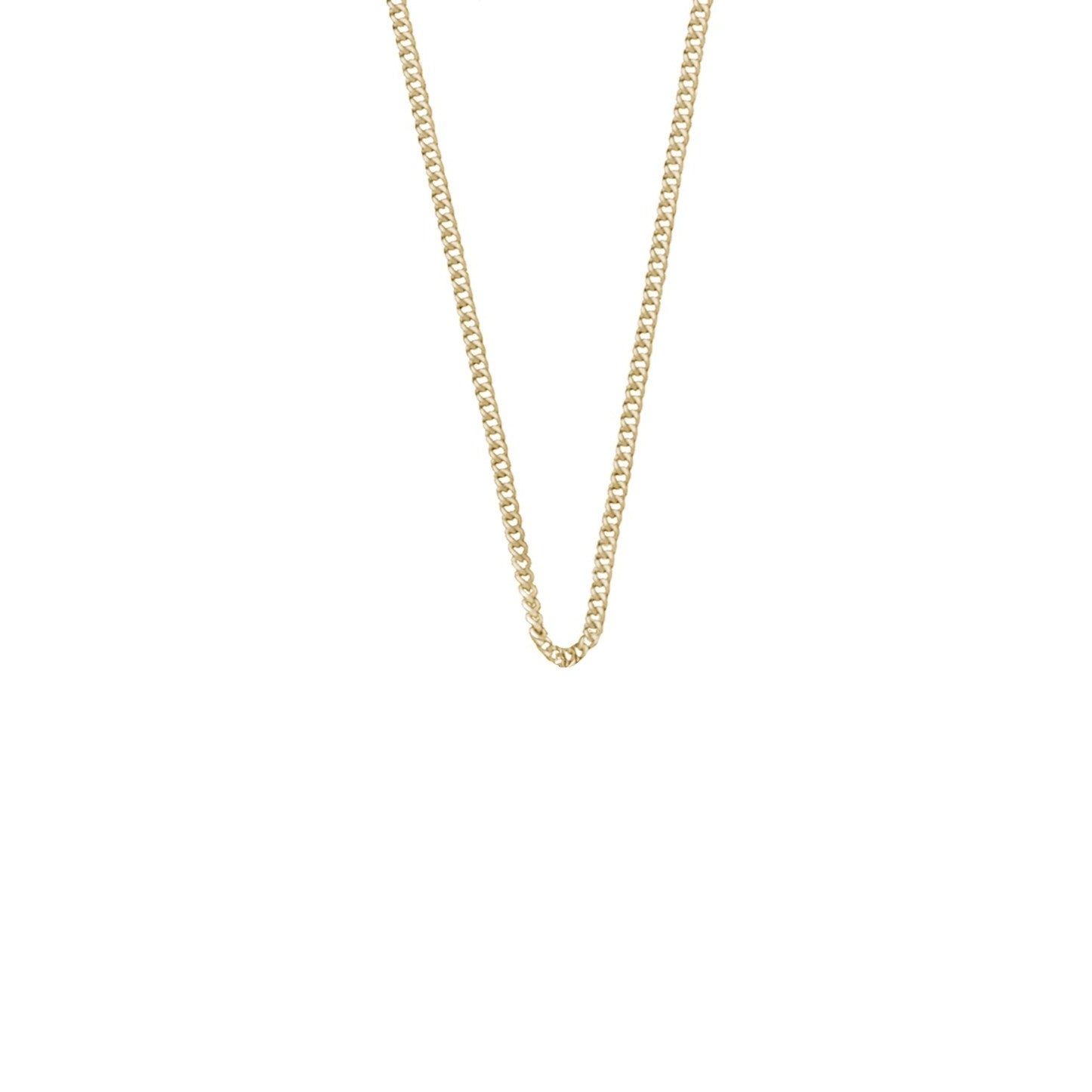A gold chain necklace displayed against a white background.