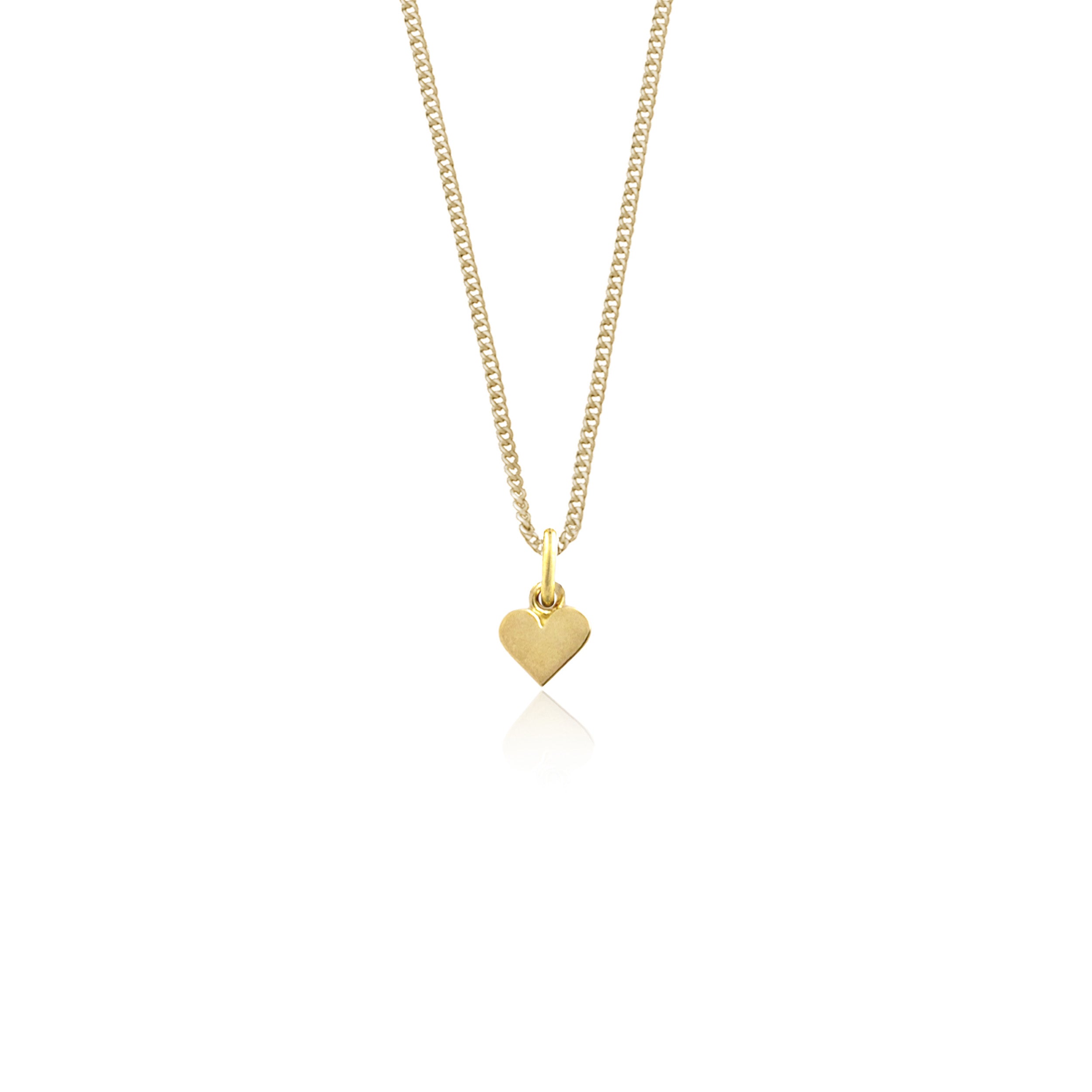 A gold necklace with a small heart-shaped pendant, displayed against a white background.