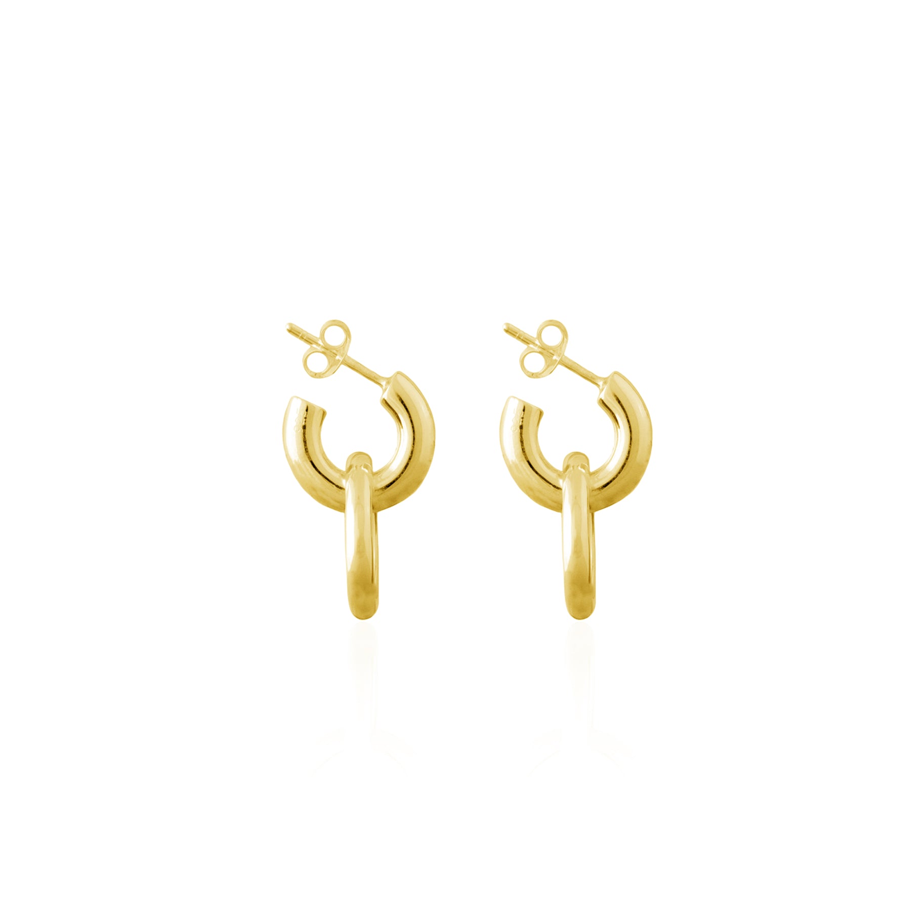 A pair of gold earrings featuring a double hoop design on a plain white background.